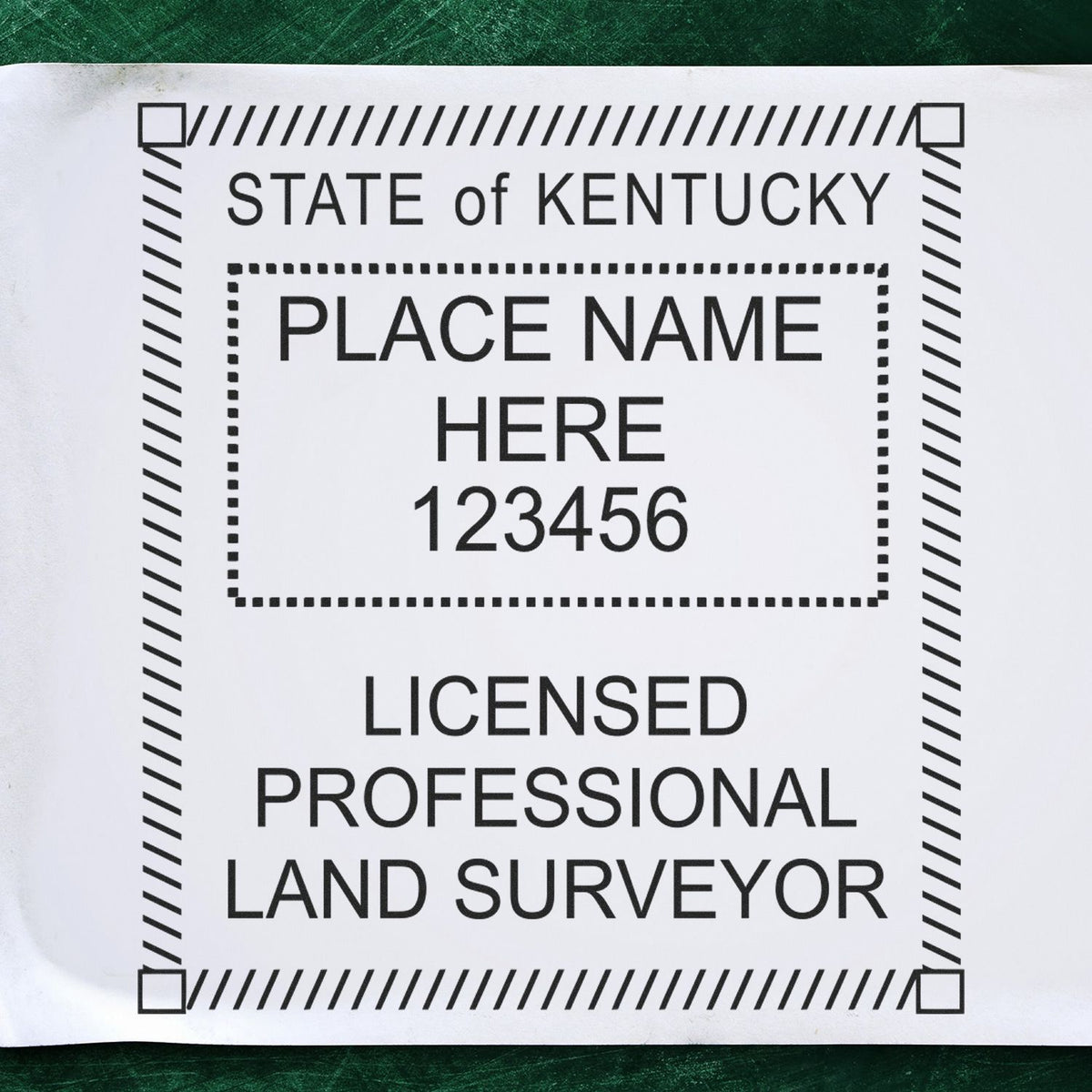 A lifestyle photo showing a stamped image of the Slim Pre-Inked Kentucky Land Surveyor Seal Stamp on a piece of paper