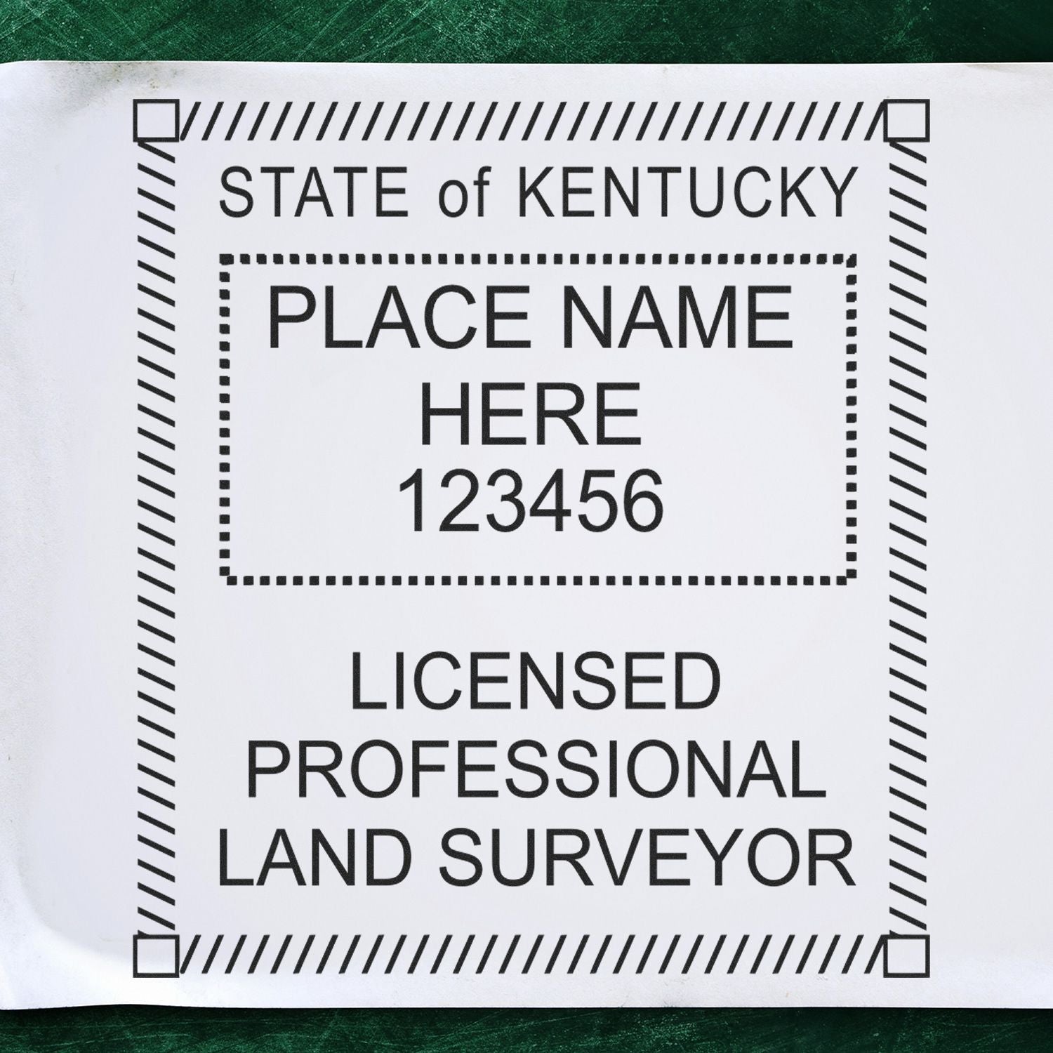 Kentucky Land Surveyor Seal Stamp, KY PLS Stamp with customizable fields for name and license number on a white background.