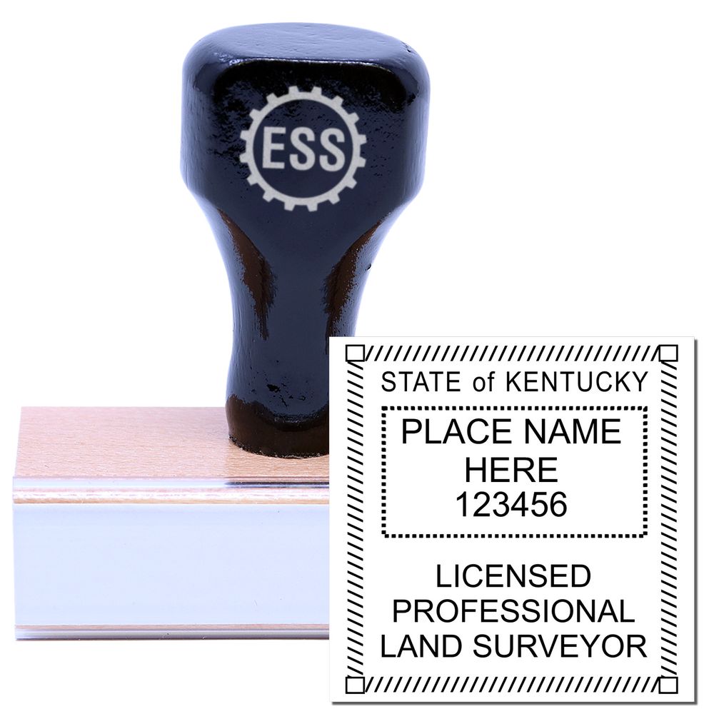 Kentucky Land Surveyor Seal Stamp, KY PLS Stamp with wooden handle and engraved seal for licensed professional land surveyors in Kentucky.