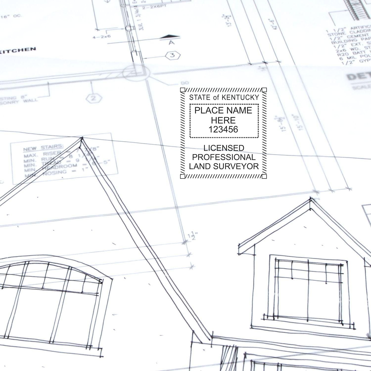 Self Inking Kentucky Land Surveyor Stamp used on architectural blueprints, showing detailed house plans and surveyor's seal.