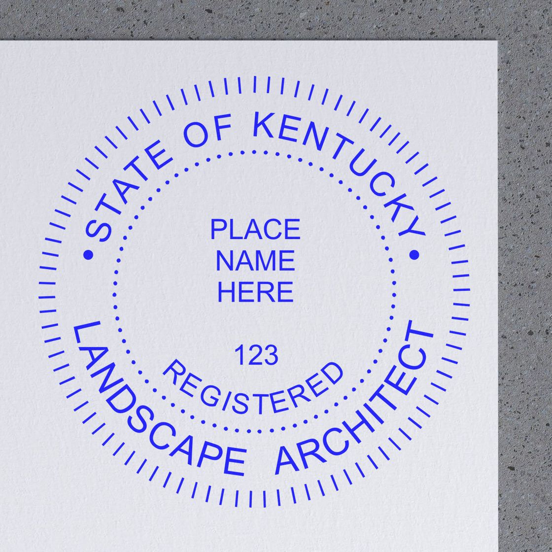 This paper is stamped with a sample imprint of the Self-Inking Kentucky Landscape Architect Stamp, signifying its quality and reliability.