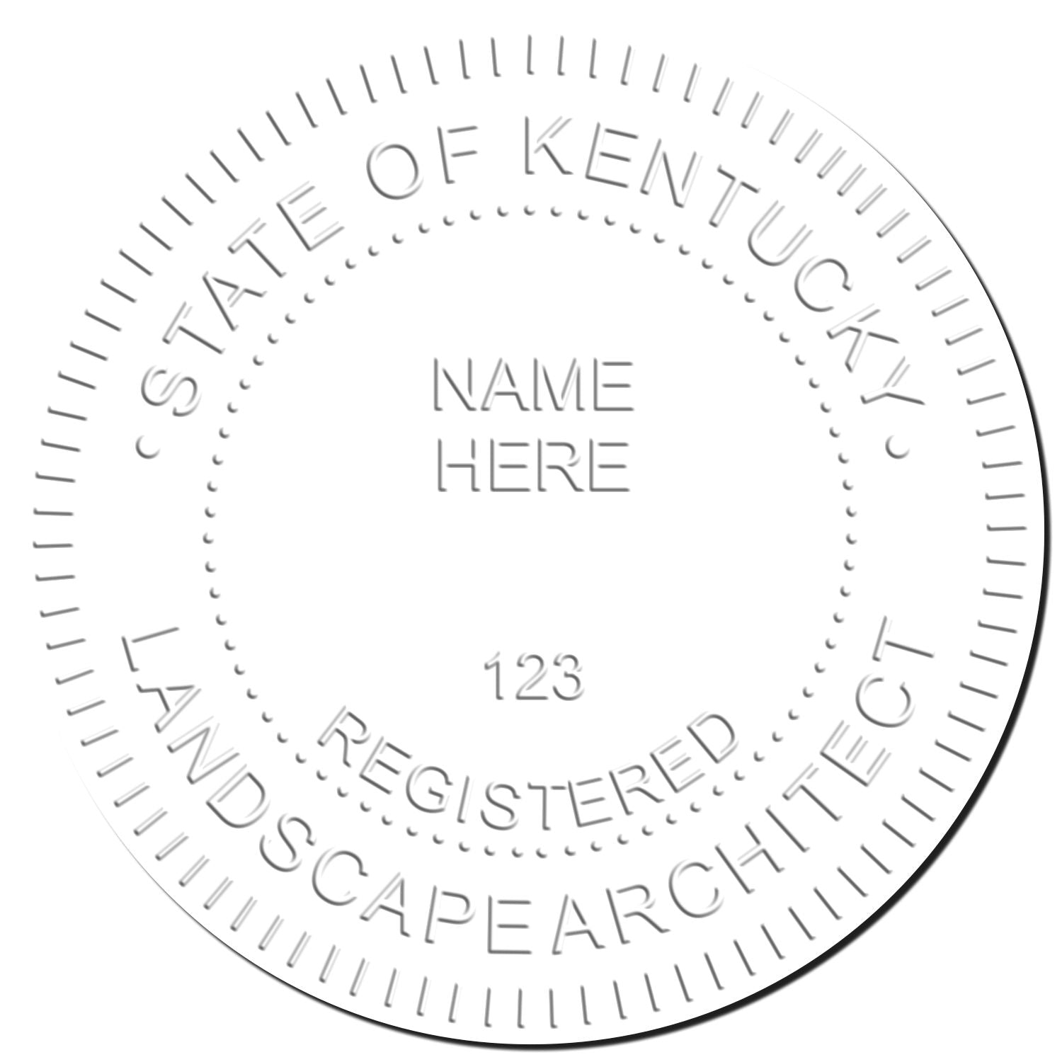 This paper is stamped with a sample imprint of the State of Kentucky Extended Long Reach Landscape Architect Seal Embosser, signifying its quality and reliability.