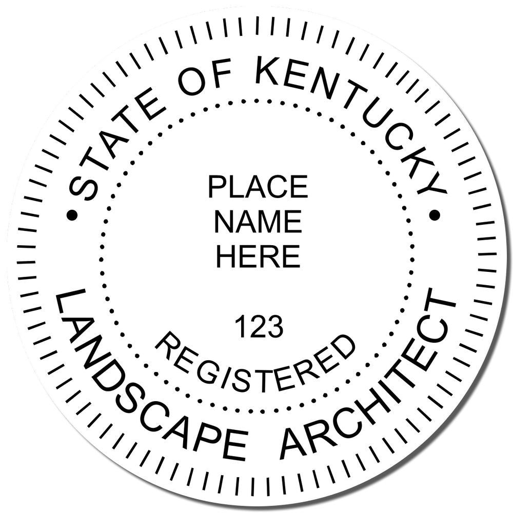 A lifestyle photo showing a stamped image of the Slim Pre-Inked Kentucky Landscape Architect Seal Stamp on a piece of paper