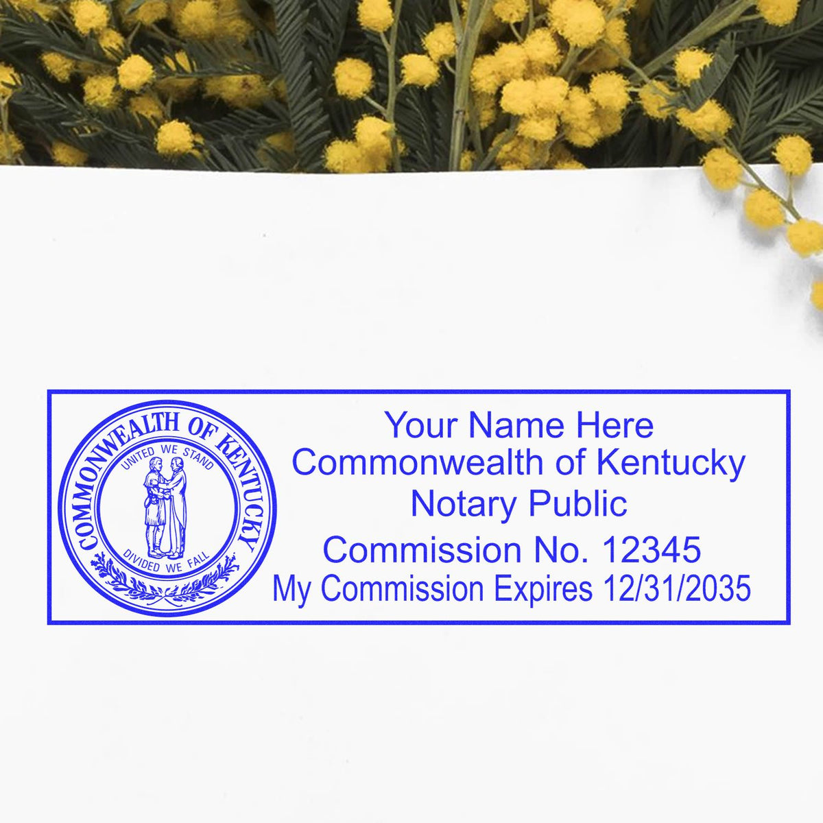 A lifestyle photo showing a stamped image of the Wooden Handle Kentucky State Seal Notary Public Stamp on a piece of paper