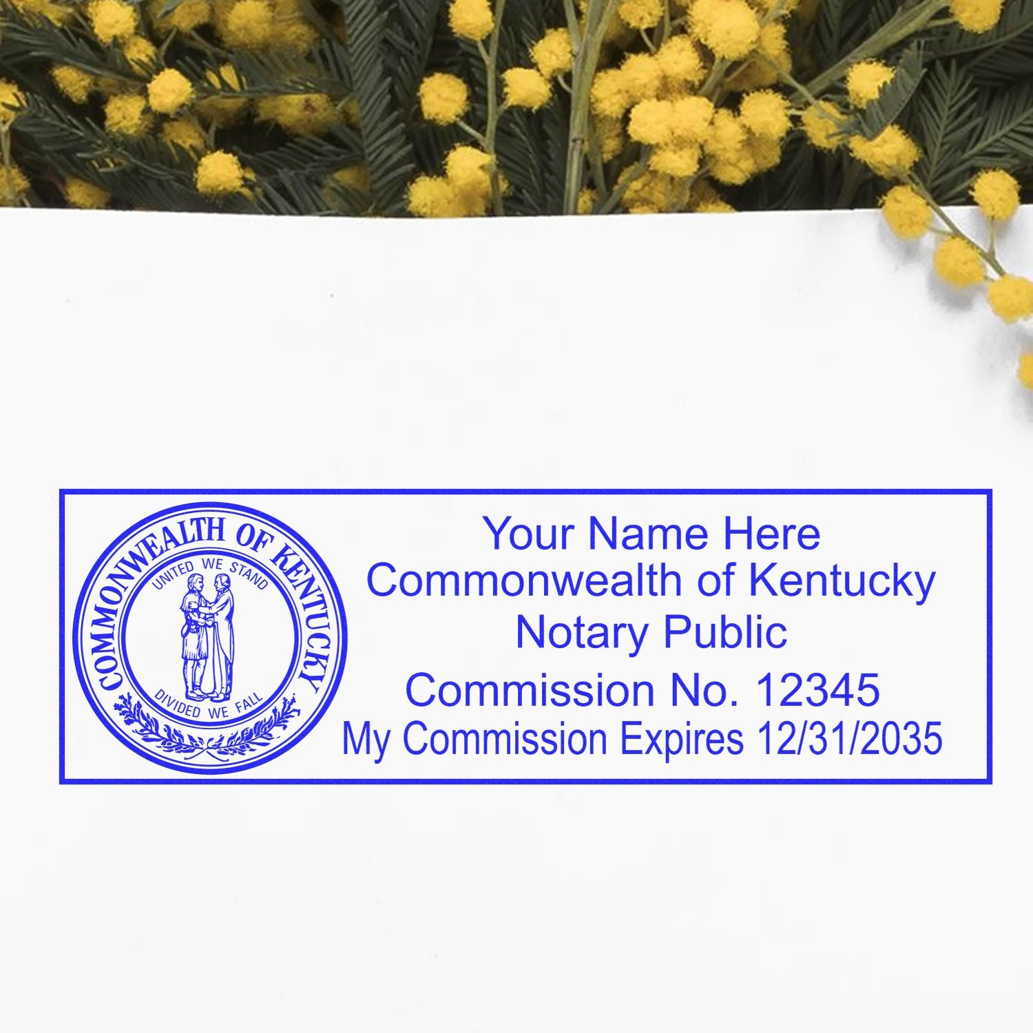 The main image for the Slim Pre-Inked State Seal Notary Stamp for Kentucky depicting a sample of the imprint and electronic files