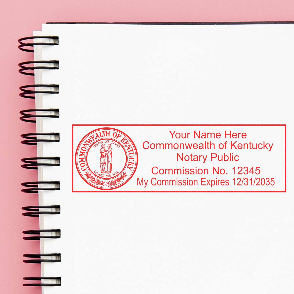 The Heavy-Duty Kentucky Rectangular Notary Stamp stamp impression comes to life with a crisp, detailed photo on paper - showcasing true professional quality.