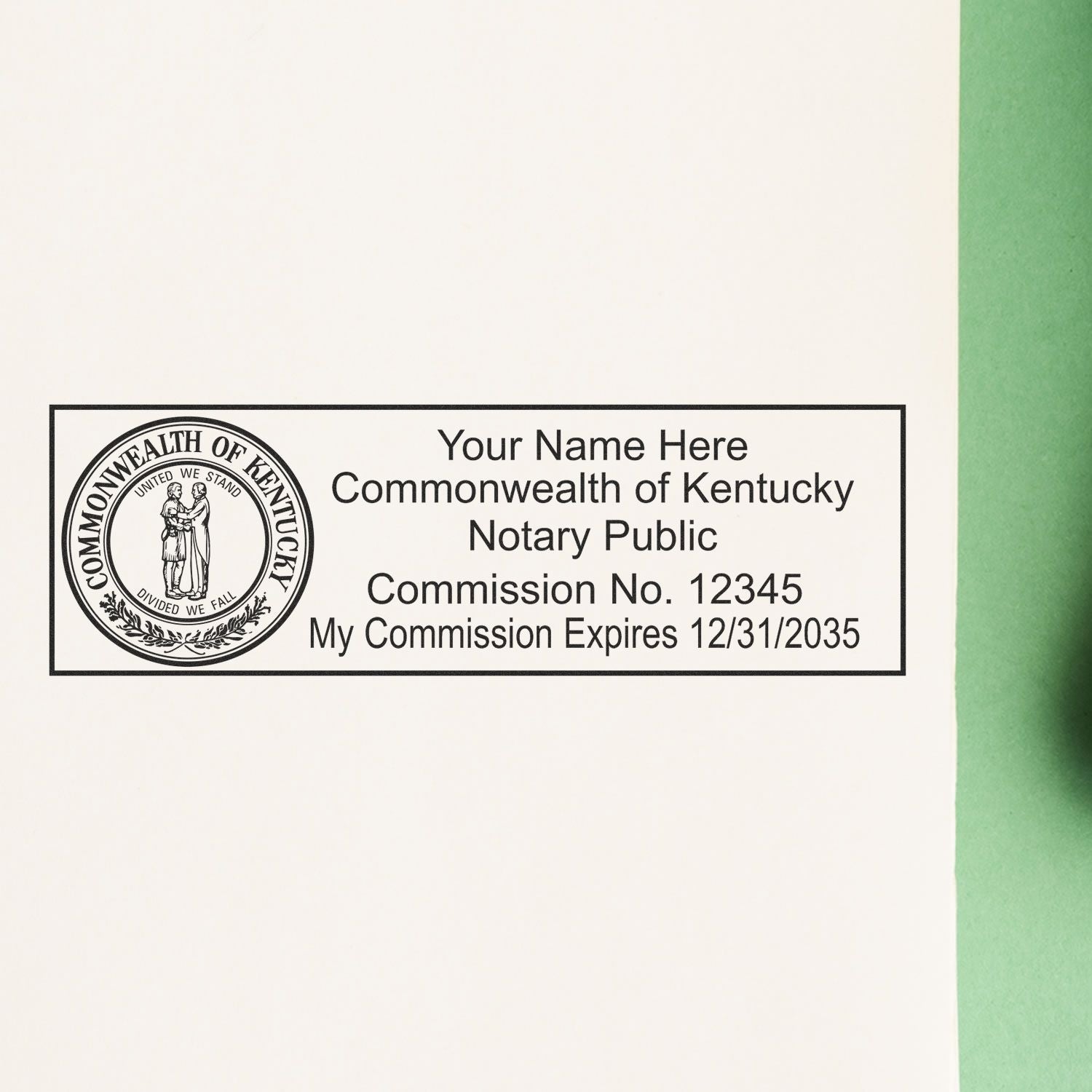 The main image for the Wooden Handle Kentucky State Seal Notary Public Stamp depicting a sample of the imprint and electronic files