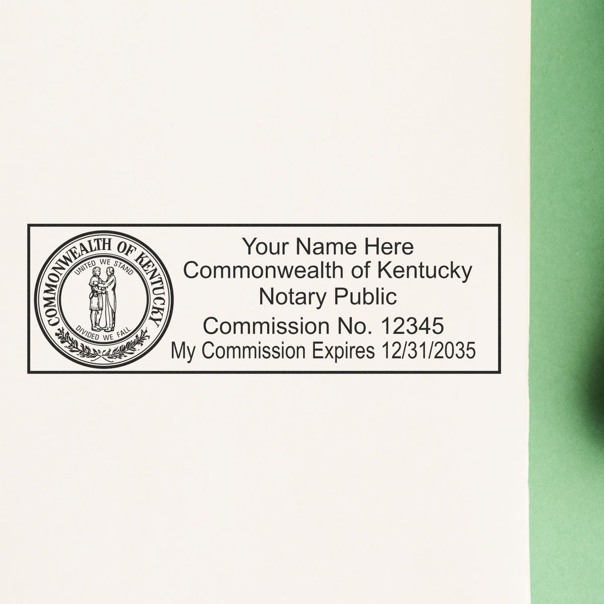 A stamped impression of the Self-Inking State Seal Kentucky Notary Stamp in this stylish lifestyle photo, setting the tone for a unique and personalized product.