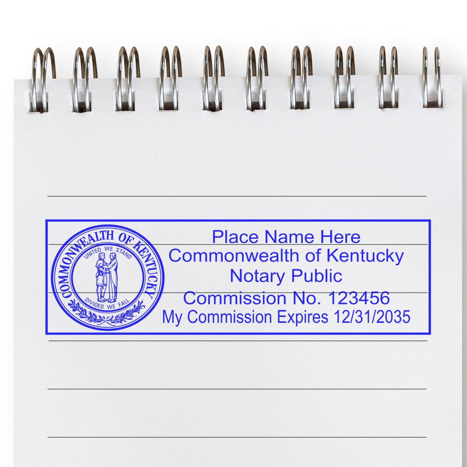 An alternative view of the PSI Kentucky Notary Stamp stamped on a sheet of paper showing the image in use