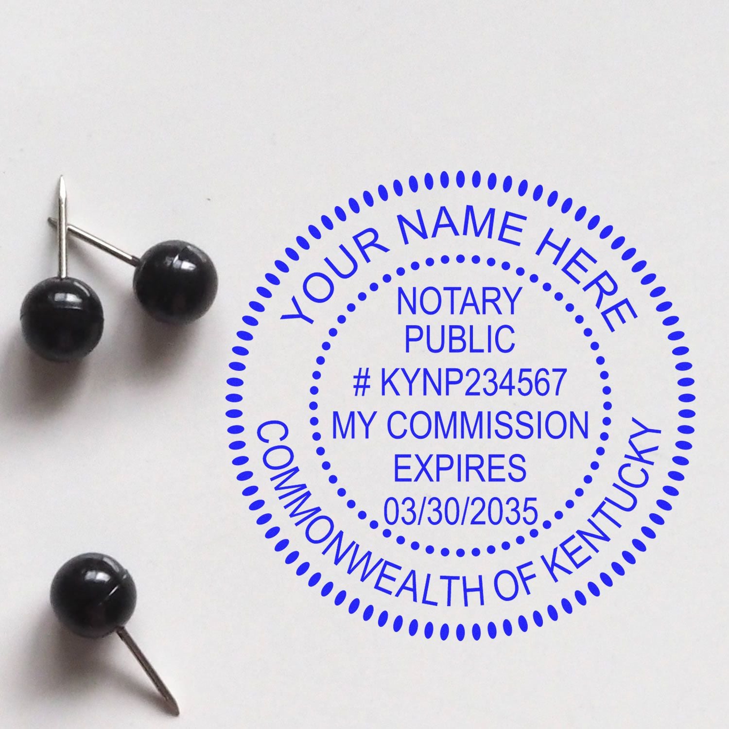 A stamped impression of the Kentucky Round Electronic Notary Stamp in this stylish lifestyle photo, setting the tone for a unique and personalized product.