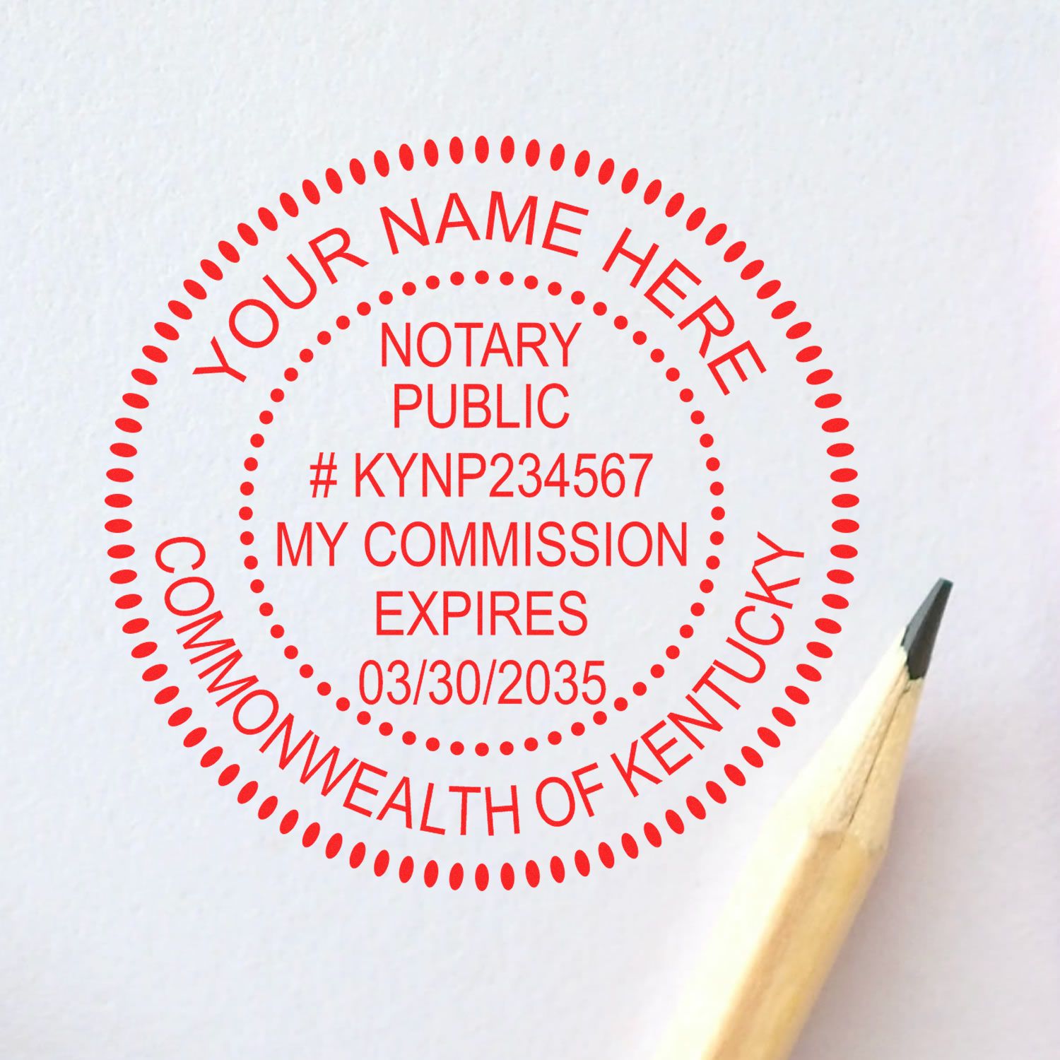 Heavy-Duty Round Kentucky Notary Stamp in use photo showing a stamped imprint of the Heavy-Duty Round Kentucky Notary Stamp