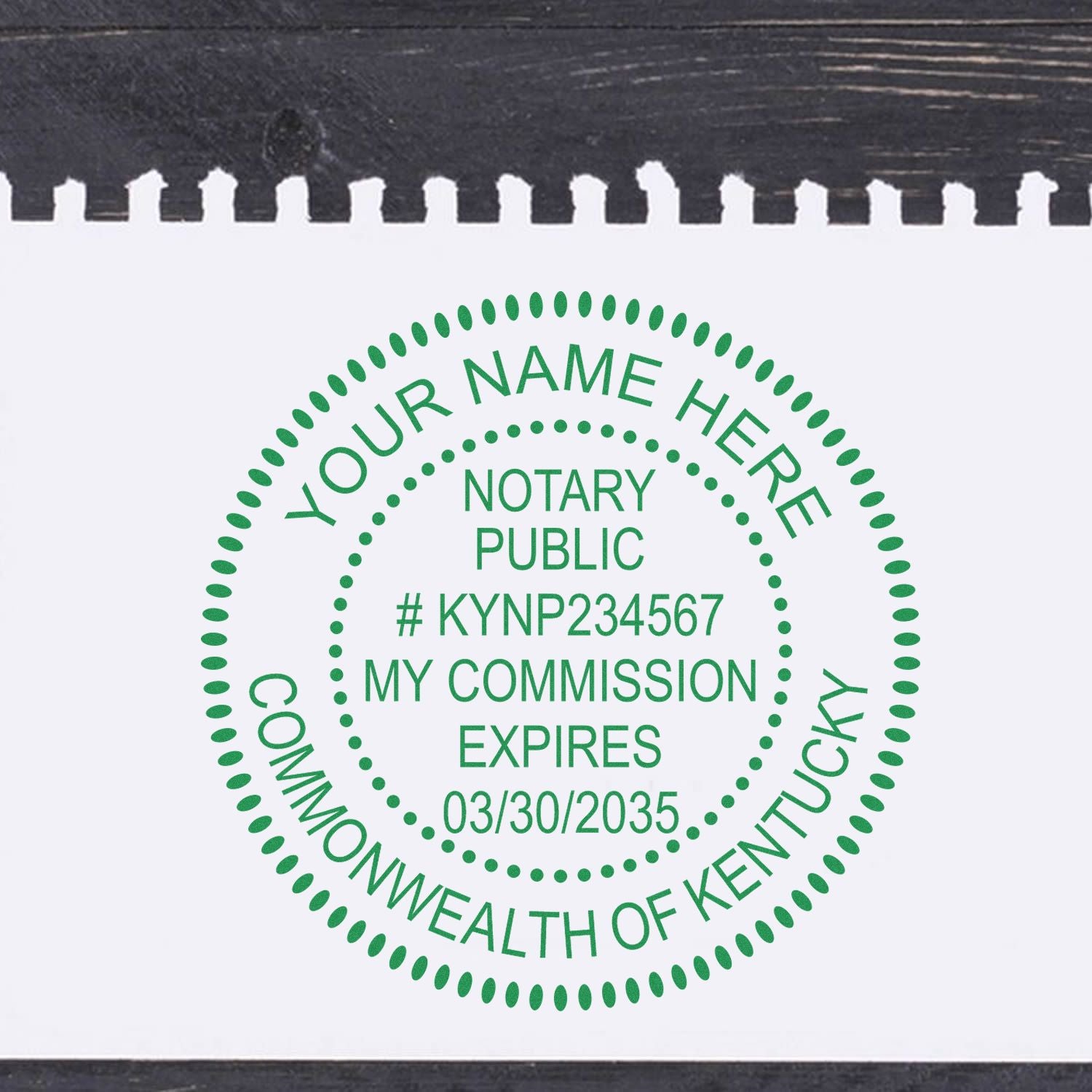 A photograph of the Heavy-Duty Round Kentucky Notary Stamp stamp impression reveals a vivid, professional image of the on paper.