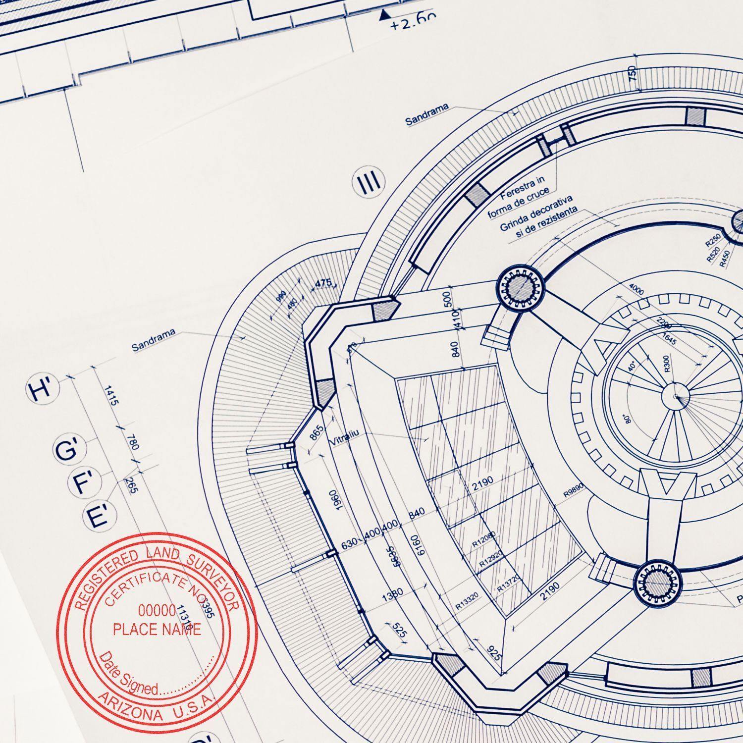 Blueprint with architectural drawings and a red Land Surveyor Regular Rubber Stamp of Seal marked Registered Land Surveyor and Arizona, USA.