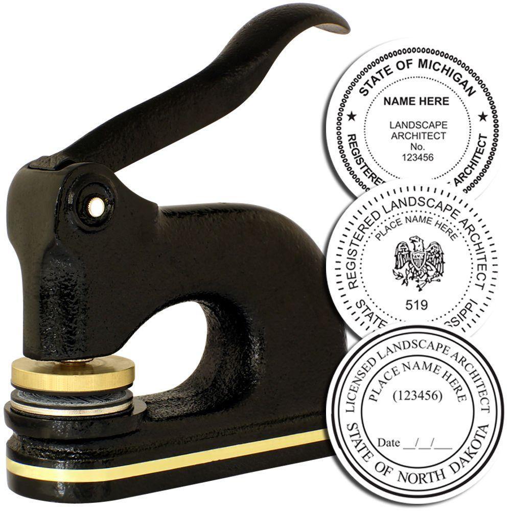 Landscape Architect Cast Iron Desk Seal Embosser in black, shown with sample embossed seals for various states, featuring a sturdy handle.