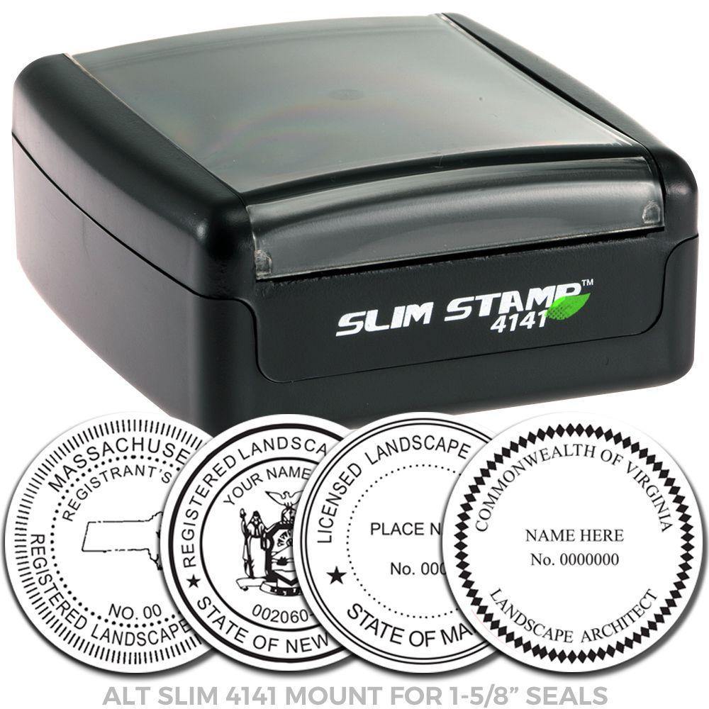 Landscape Architect Slim Pre-Inked Rubber Stamp of Seal, black casing, with examples of stamped seals for various states shown below.