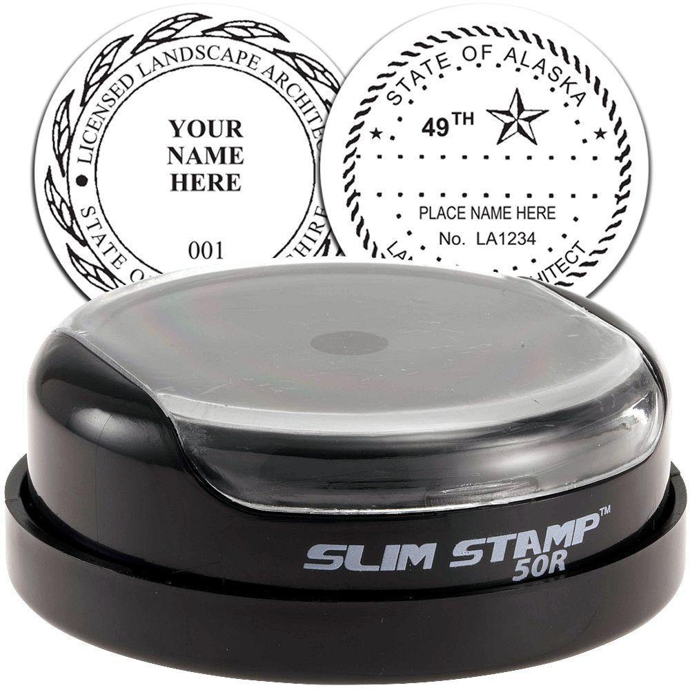 A Landscape Architect Slim Pre-Inked Rubber Stamp of Seal with two stamped images showing how the seals will appear after stamping from it.