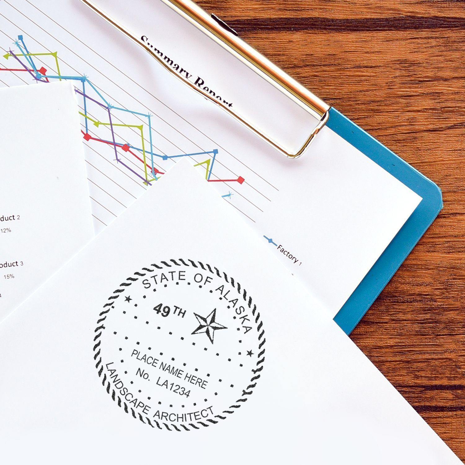 Landscape Architect Slim Pre-Inked Rubber Stamp of Seal in use on a document, placed on a clipboard with a summary report in the background.