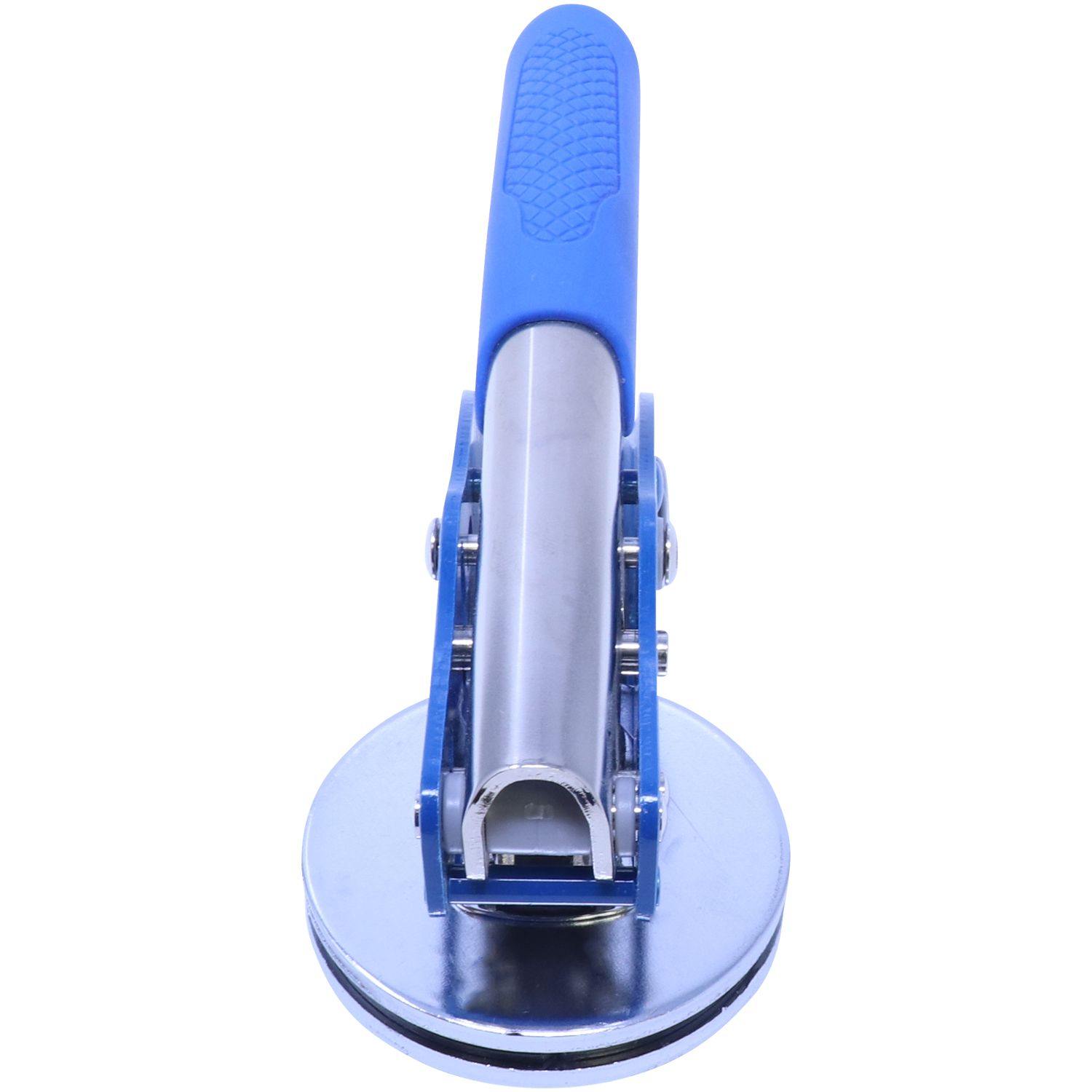 Forester Blue Soft Seal Embosser with a blue handle and metal body, shown from the front view.