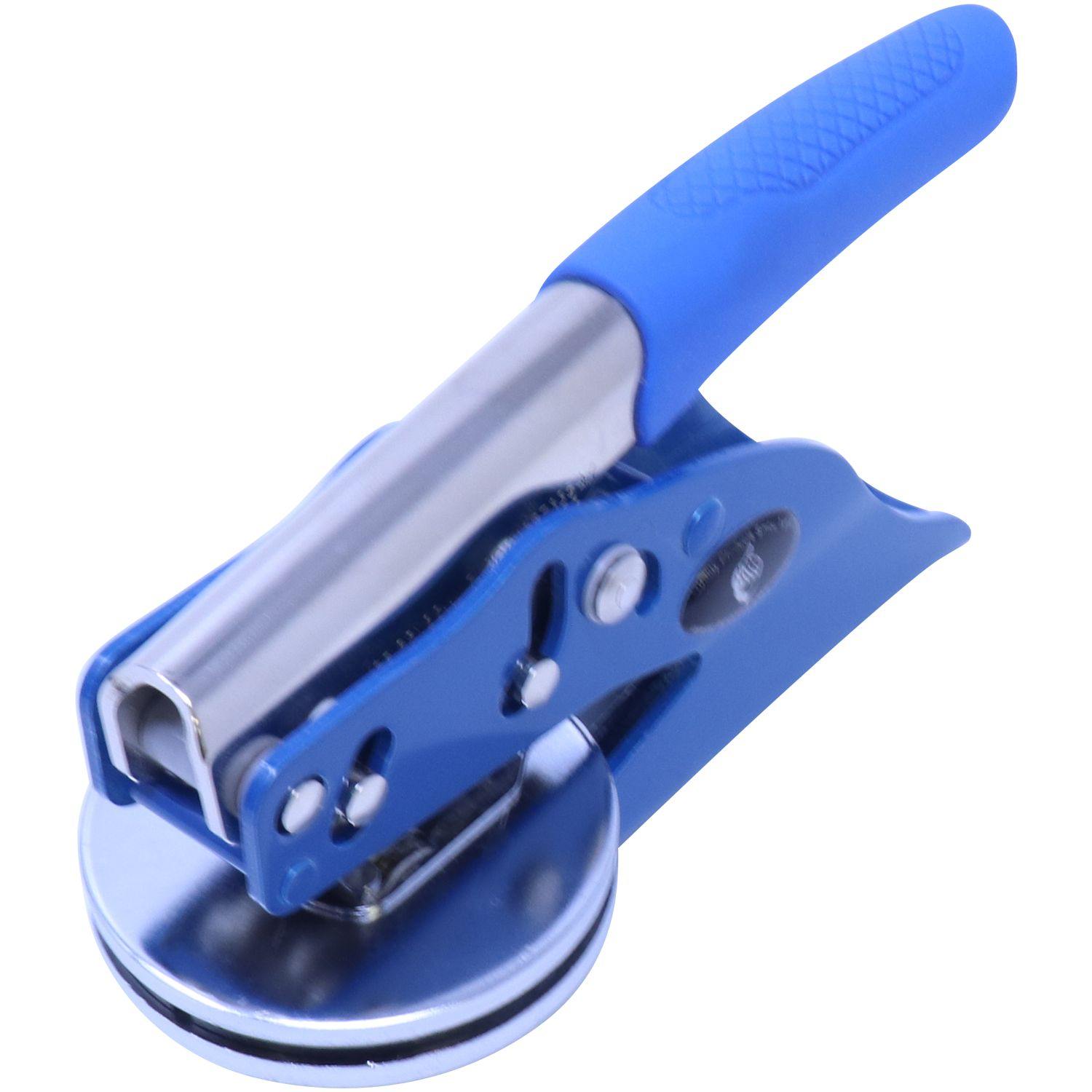 Architect Blue Seal Handheld Embosser with a blue handle and metal body, designed for creating precise imprints.