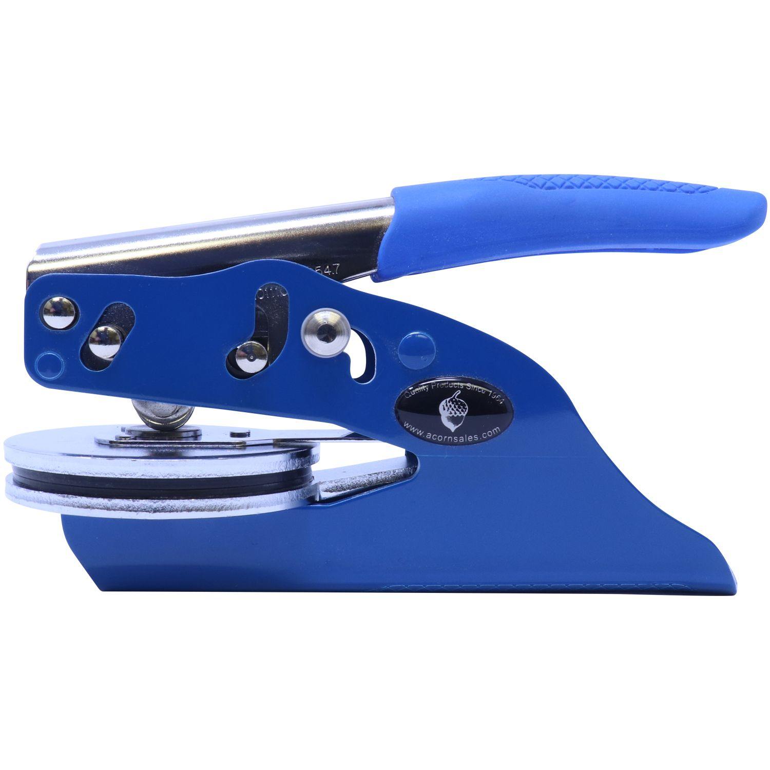 Forester Blue Soft Seal Embosser with a 2-inch imprint, featuring a sleek blue handle and sturdy metal construction for professional embossing.