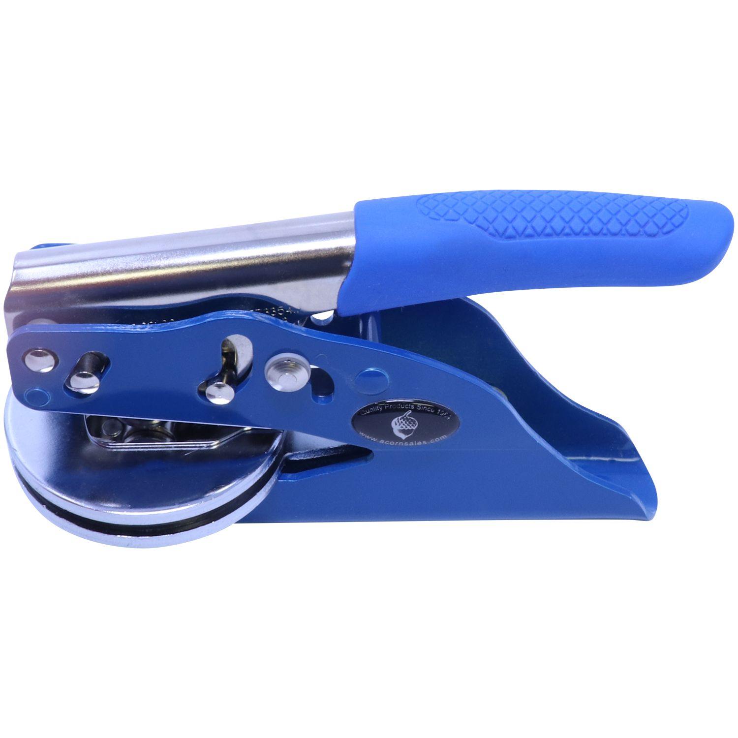 Architect Blue Seal Handheld Embosser with a blue handle and metal components, designed for creating embossed imprints.