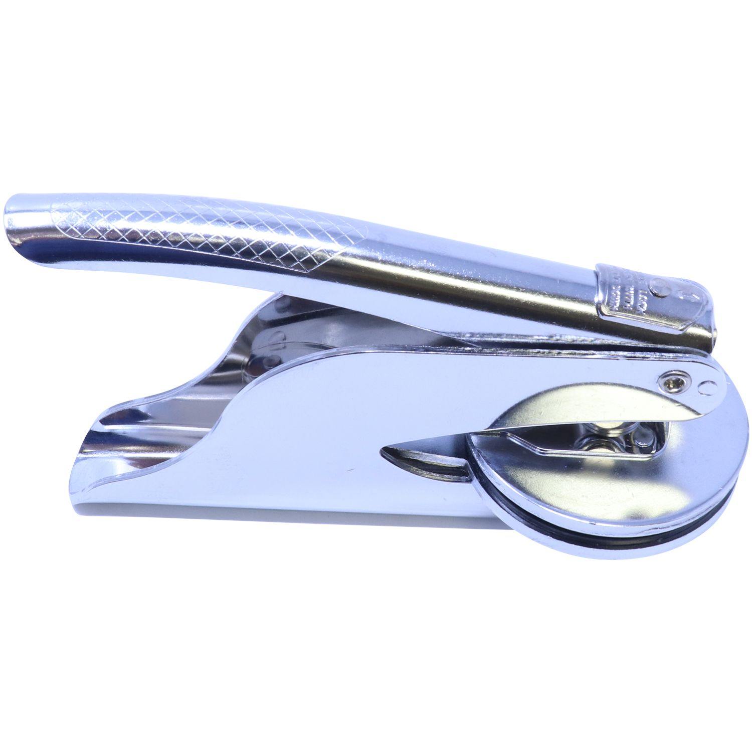 Architect Handheld Seal Embosser with a sleek, metallic design, featuring a textured handle and a circular embossing plate, angled side left view.