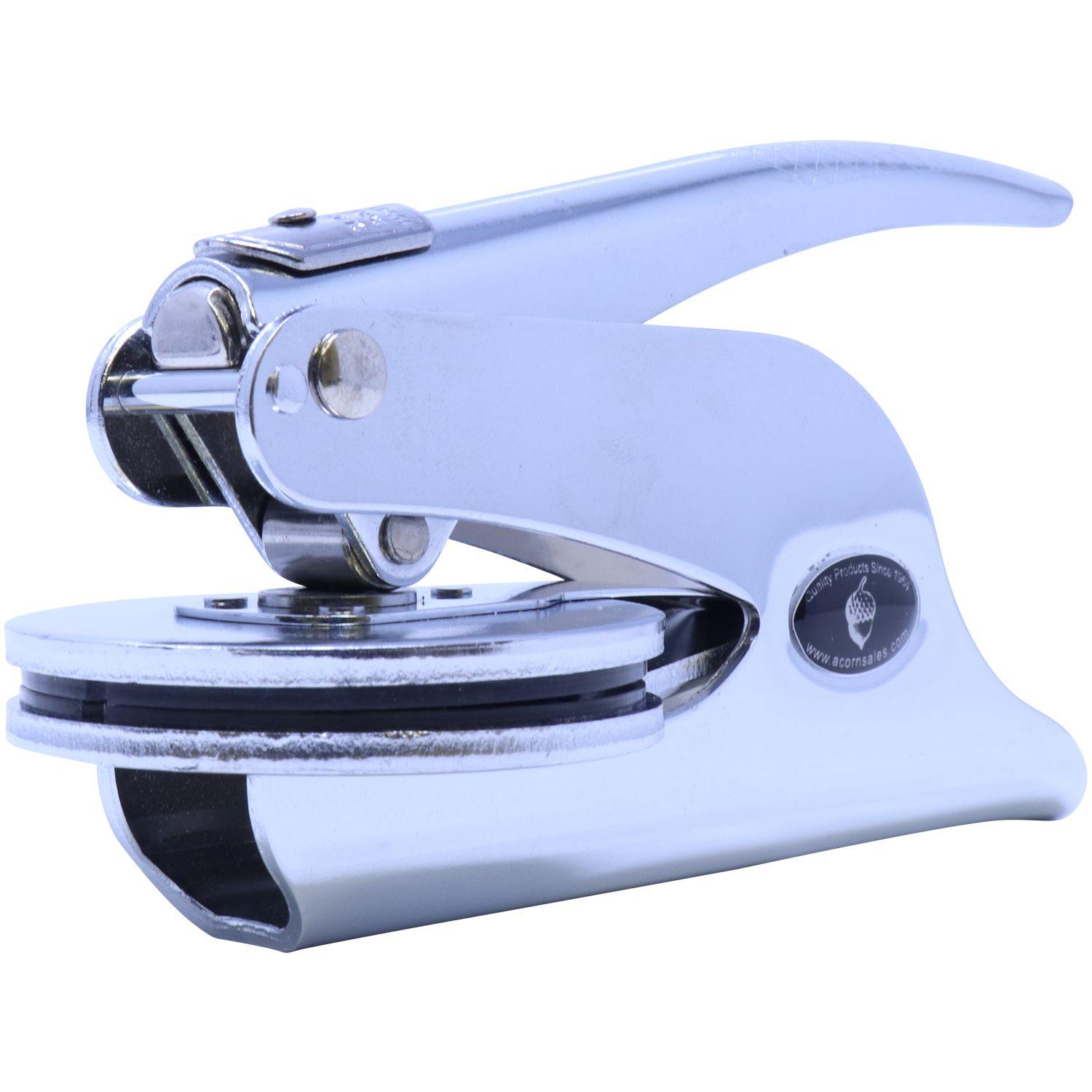 Architect Handheld Seal Embosser in a sleek silver design, shown from the front-right view, featuring a 2-inch imprint area and a sturdy handle for easy use.