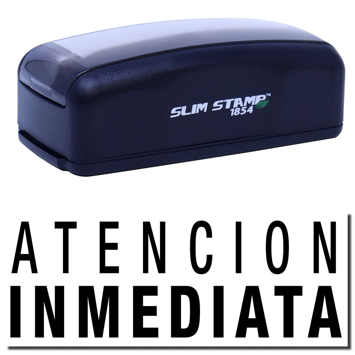 A stock office pre-inked stamp with a stamped image showing how the text &quot;ATENCION INMEDIATA&quot; in a large font is displayed after stamping.