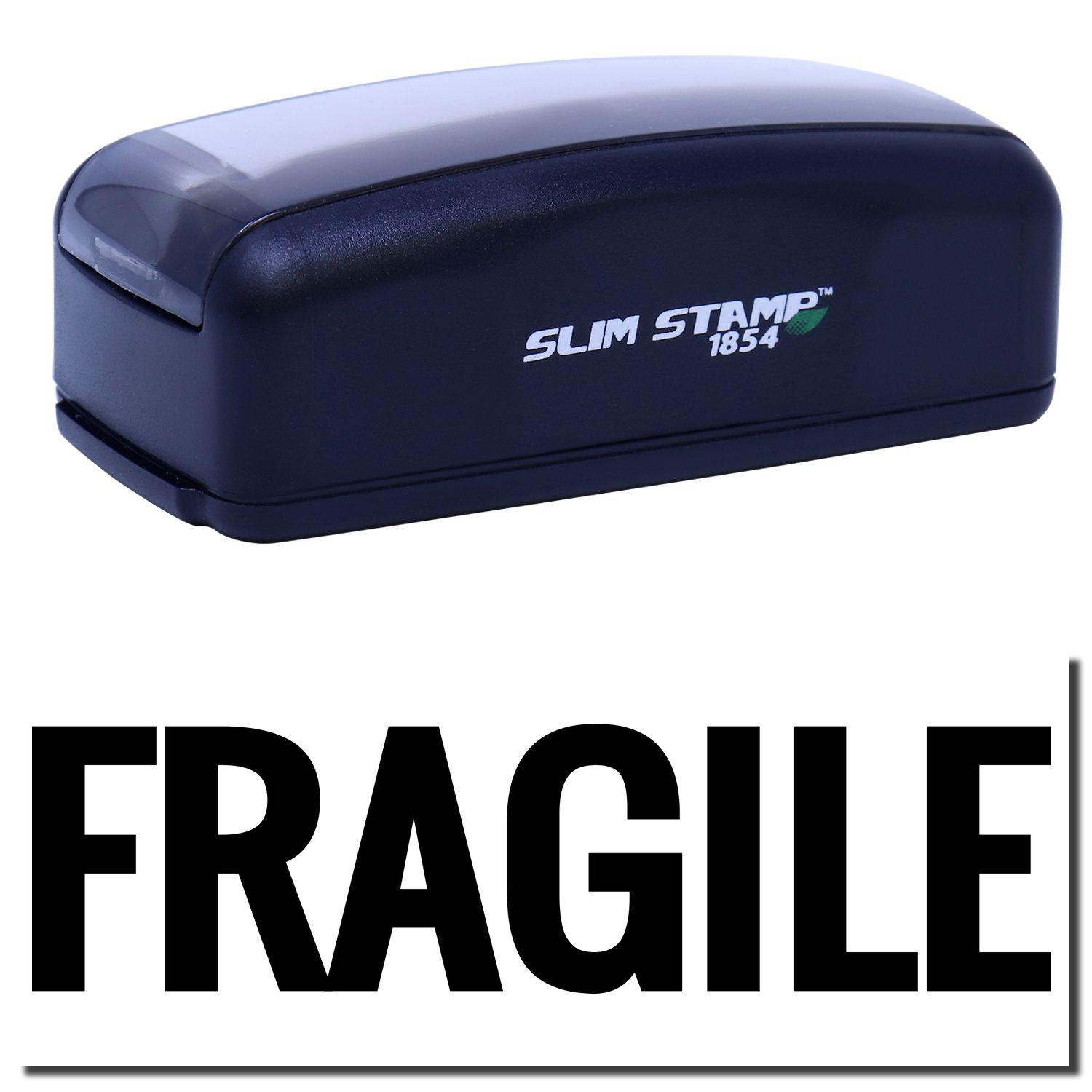 A slim pre-inked stamp with a stamped image showing how the text "FRAGILE" in large bold font is displayed after stamping.