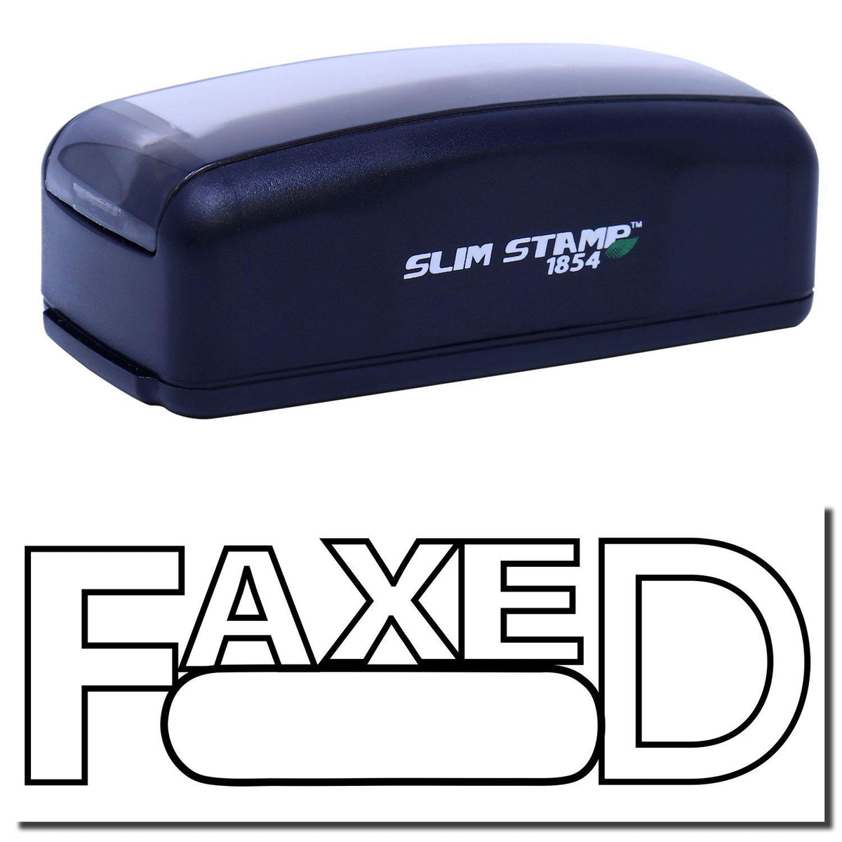 A large pre-inked stamp with a stamped image showing how the text &quot;FAXED&quot; in an outline font with a round date box is displayed after stamping.