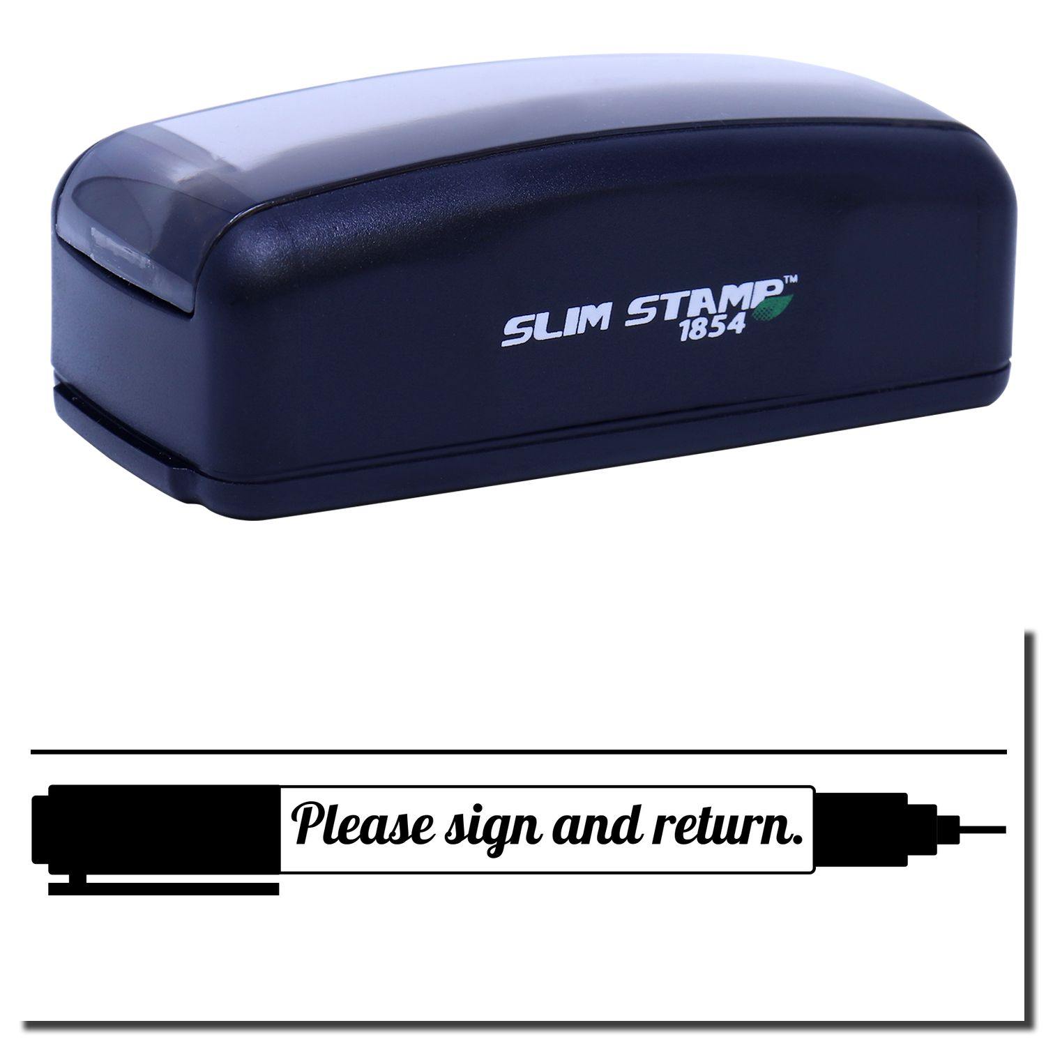 A pre-inked stamp with a stamped image showing how the text "Please sign and return." in a large cursive font with an image of a pen and a line on the top of the text is displayed after stamping from it.
