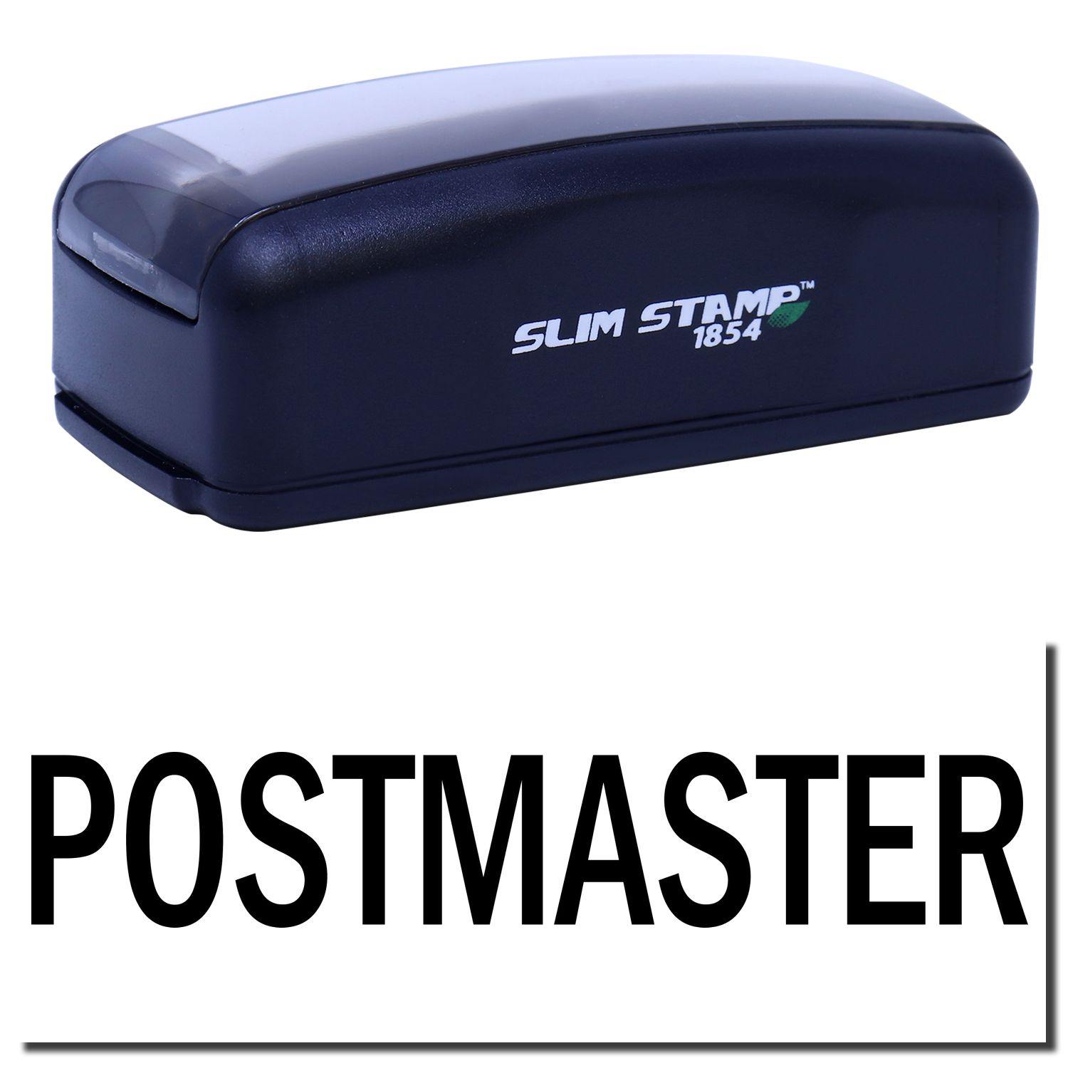 Large Pre-Inked Postmaster Stamp, black, with SLIM STAMP 1854 branding on the side, shown on a white background.