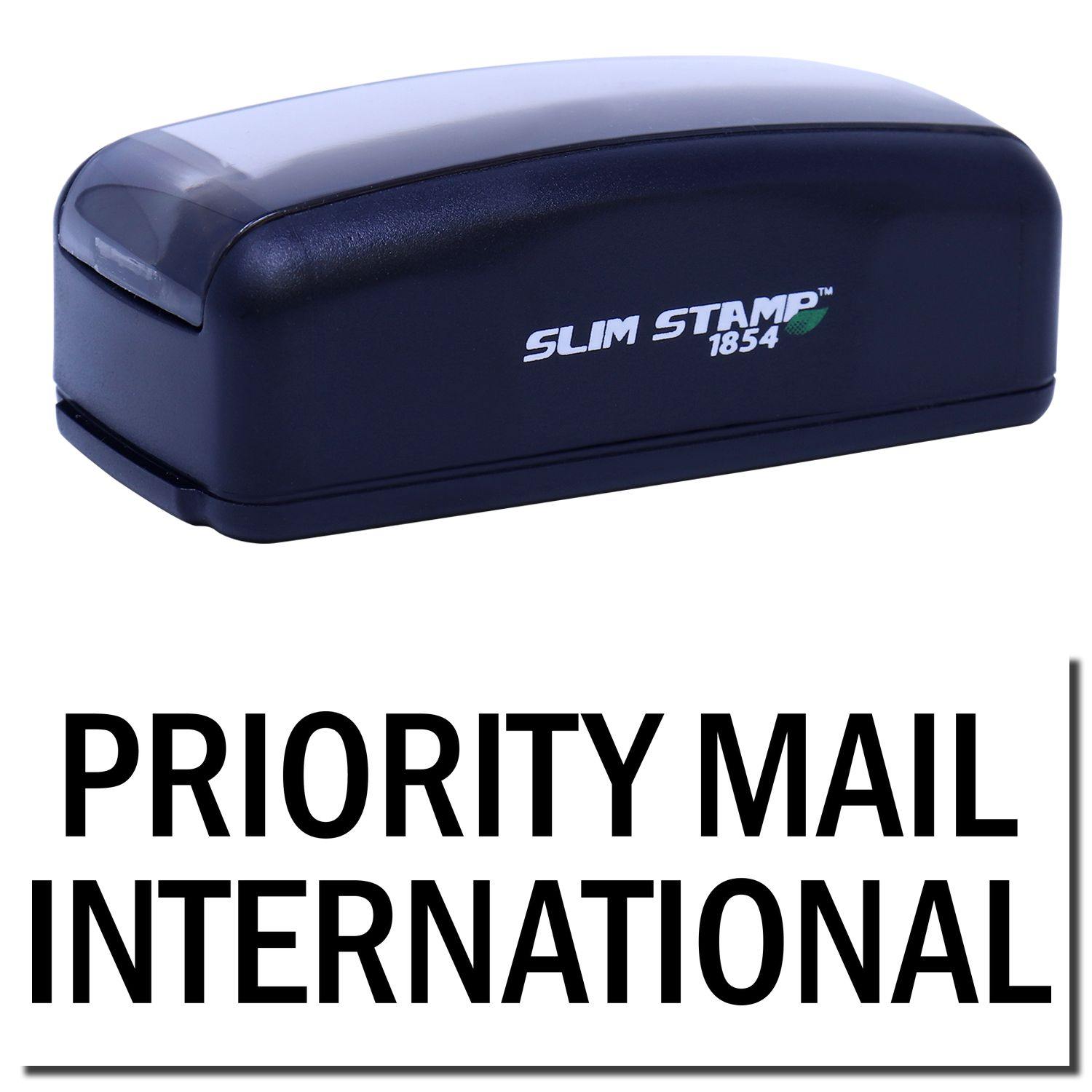 Large Pre-Inked Priority Mail International Stamp in black, featuring a compact design with SLIM STAMP 1854 branding on the side.