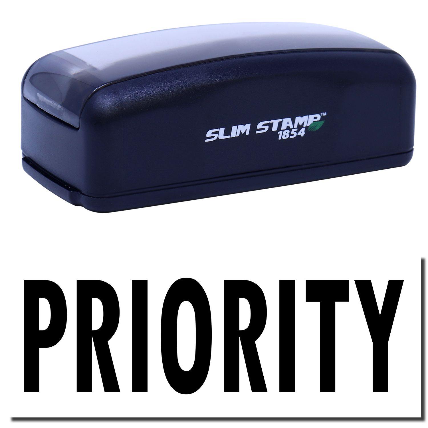 Large Pre-Inked Priority Stamp in black with PRIORITY text imprint, featuring a sleek design and SLIM STAMP 1854 branding.