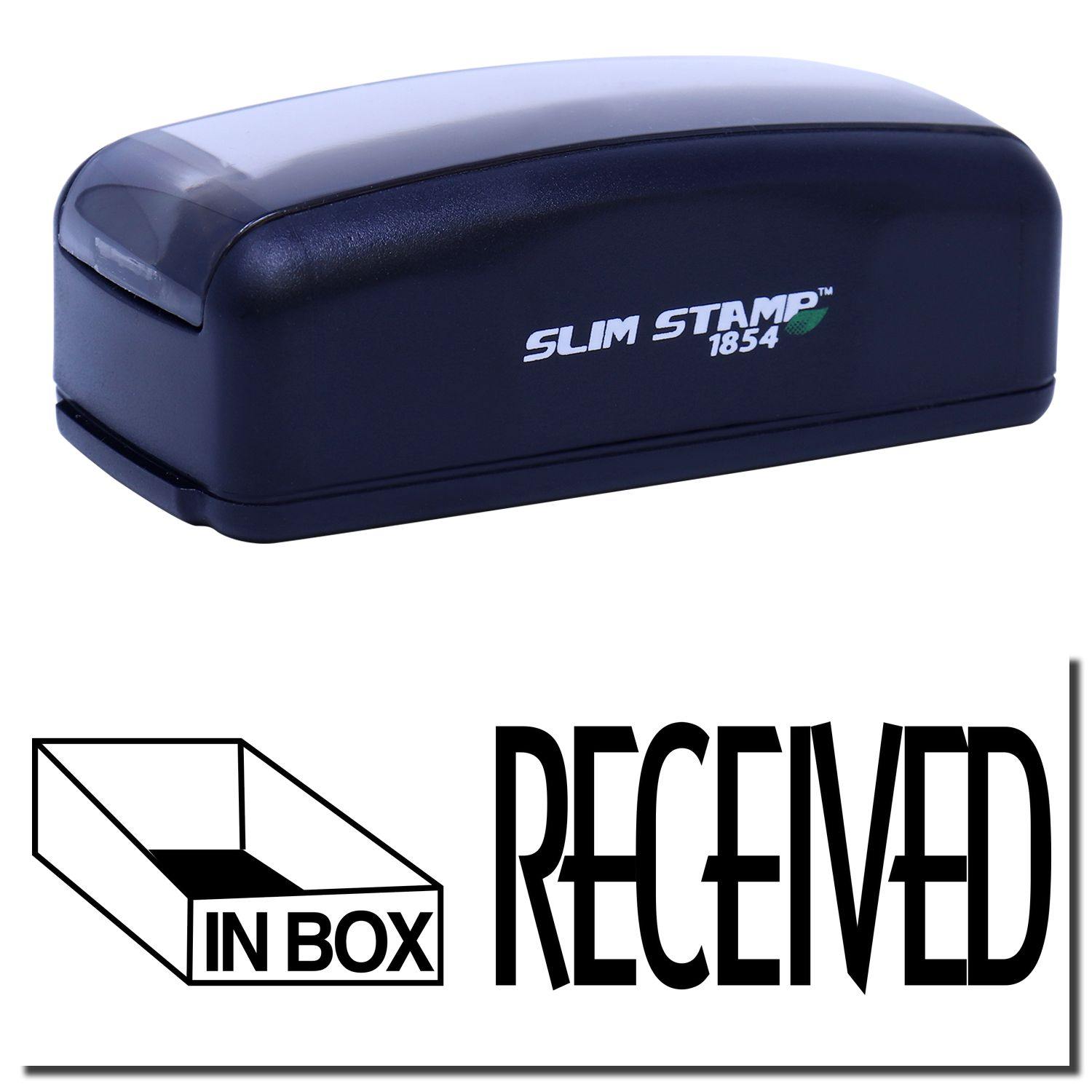 Large Pre-Inked Received with In Box Icon Stamp, black, with IN BOX and RECEIVED text and icons, compact design.