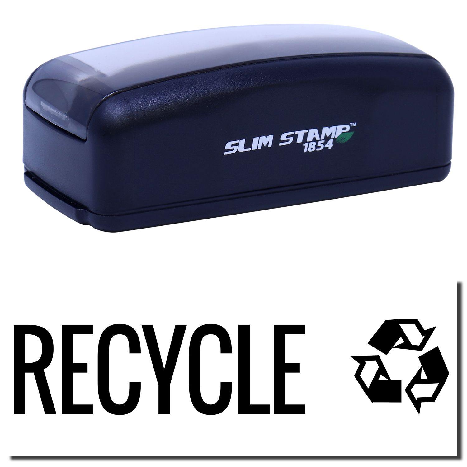 Large Pre-Inked Recycle with Logo Stamp in black, featuring the word RECYCLE and a recycling symbol below the stamp.