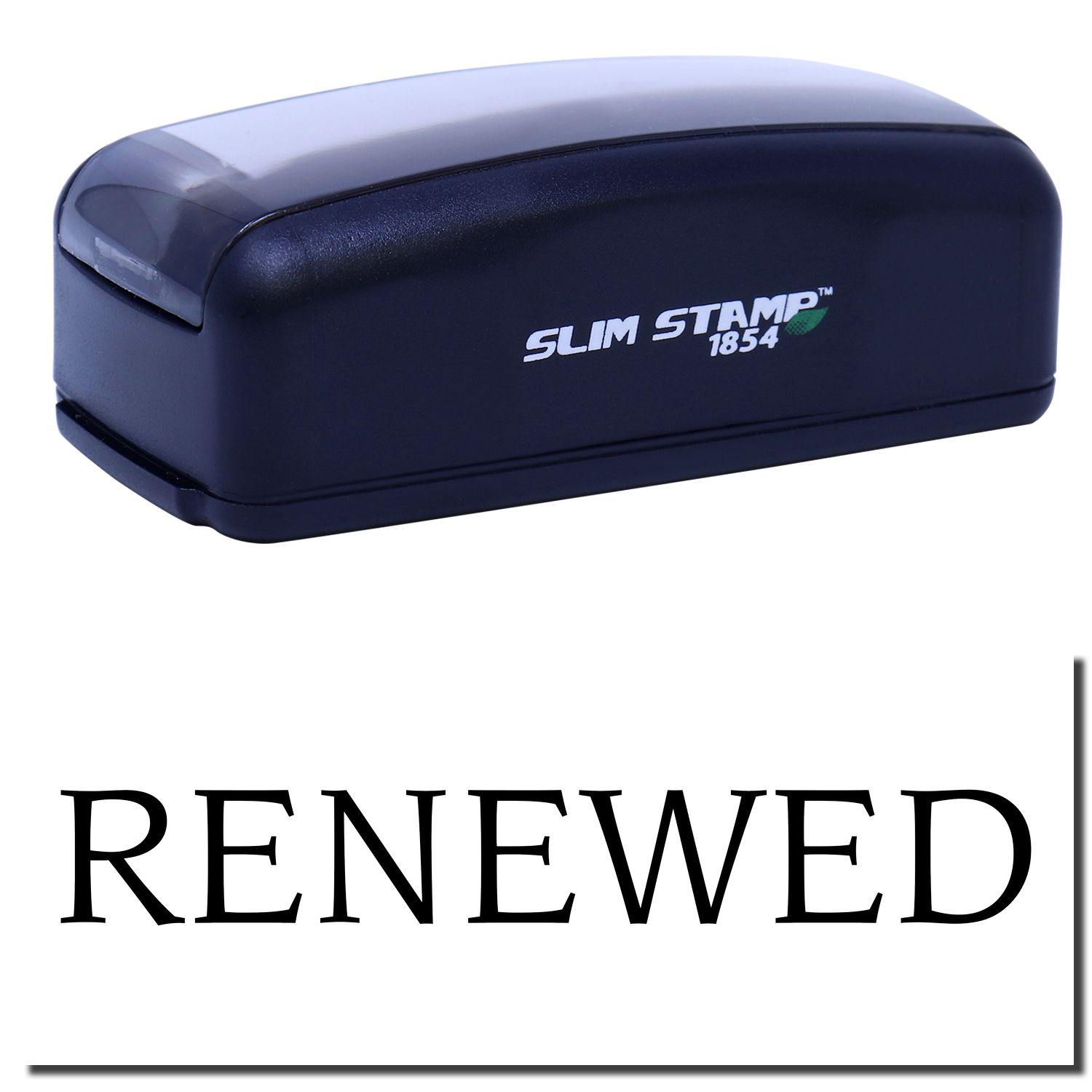 Large Pre-Inked Renewed Stamp in black with SLIM STAMP 1854 branding, shown above the word RENEWED in bold black letters.