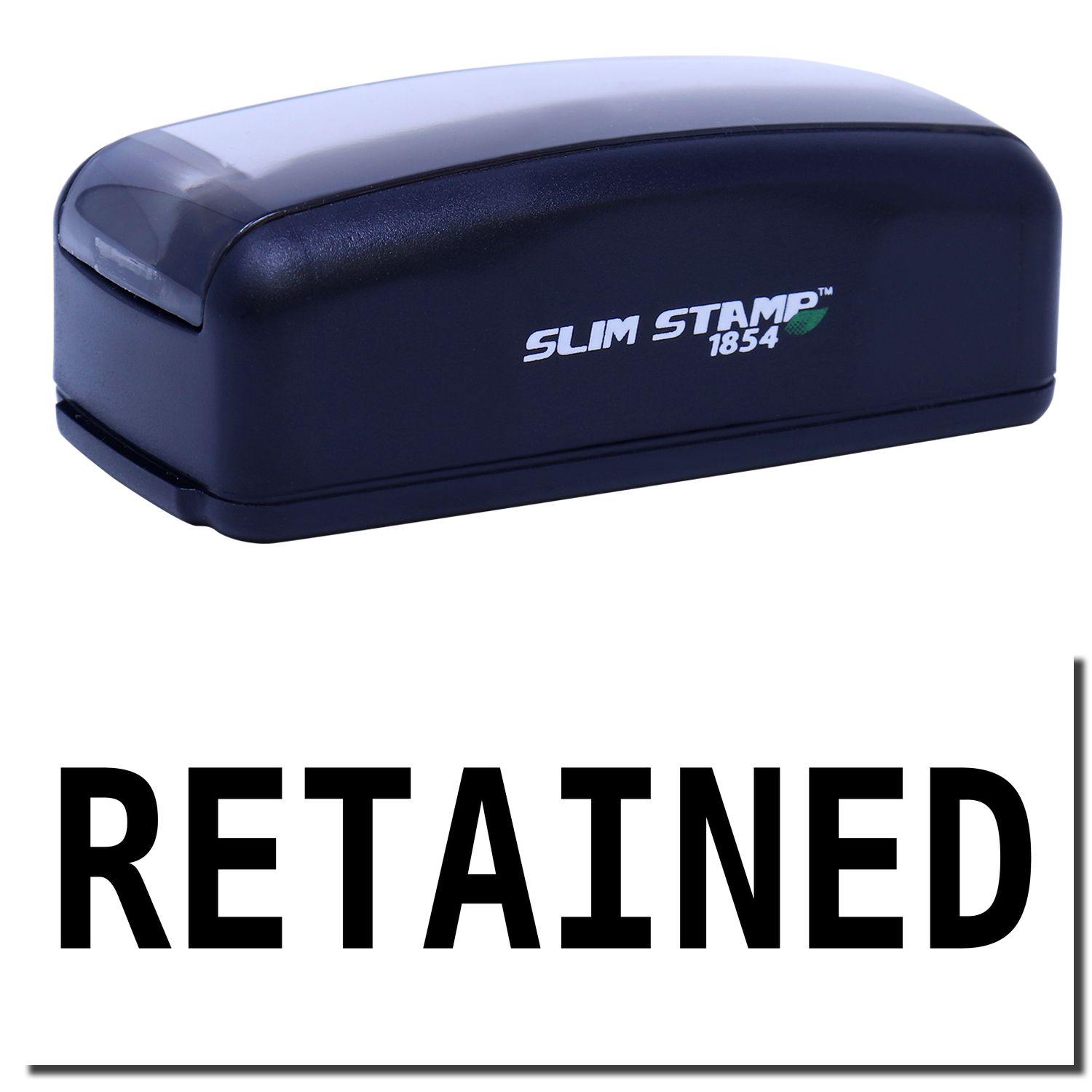 Large Pre-Inked Retained Stamp in black with SLIM STAMP 1854 branding, shown above a stamped RETAINED impression.