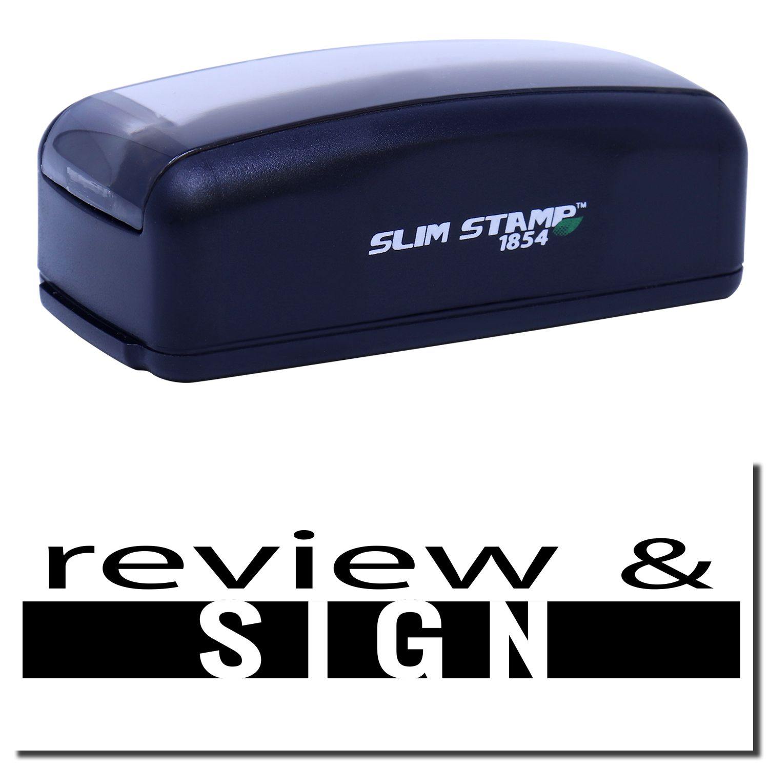 Large Pre-Inked Review and Sign Stamp in black with review & sign text imprint, shown with a sleek, compact design.