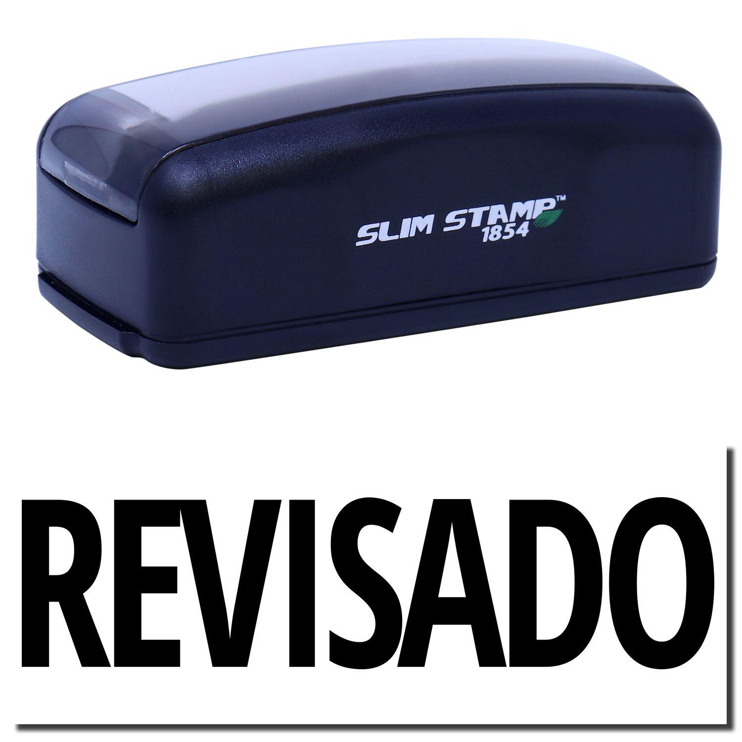 Large Pre-Inked Revisado Stamp in black with SLIM STAMP 1854 branding, shown with a bold REVISADO imprint below.