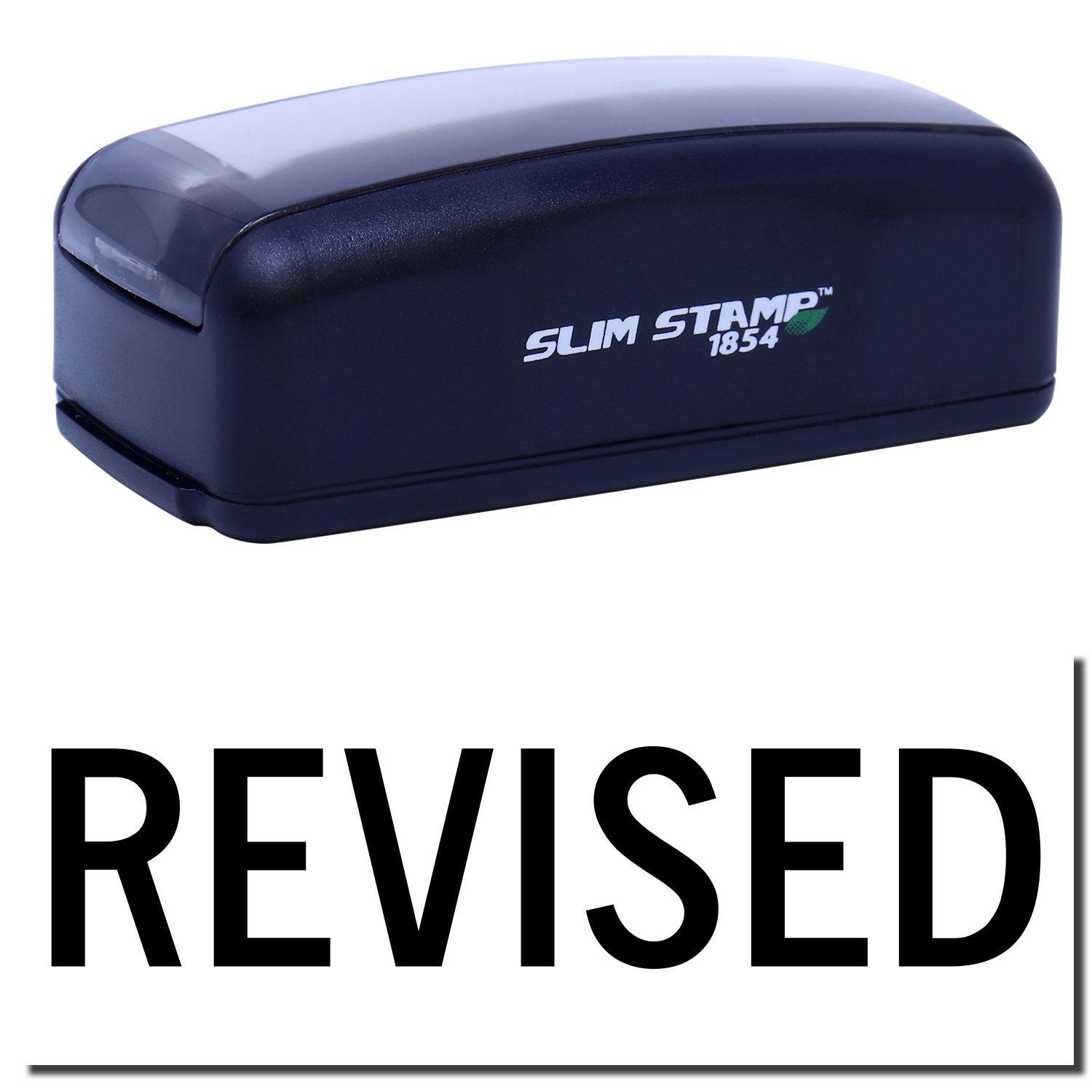 Large Pre-Inked Revised Stamp in black with REVISED text below. Compact design, ideal for office use.