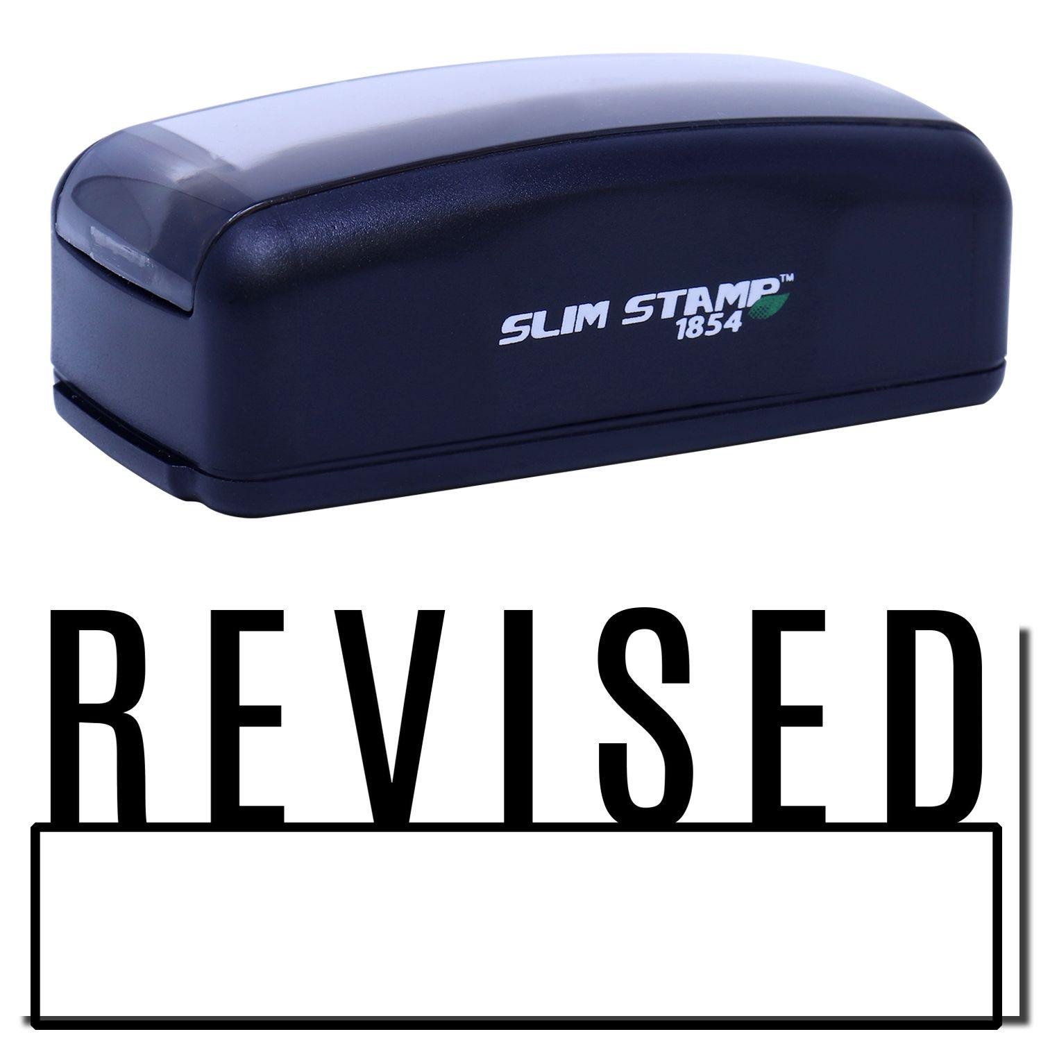 Large Pre-Inked Revised with Box Stamp in black, showing the stamp and the word REVISED with a box below it.