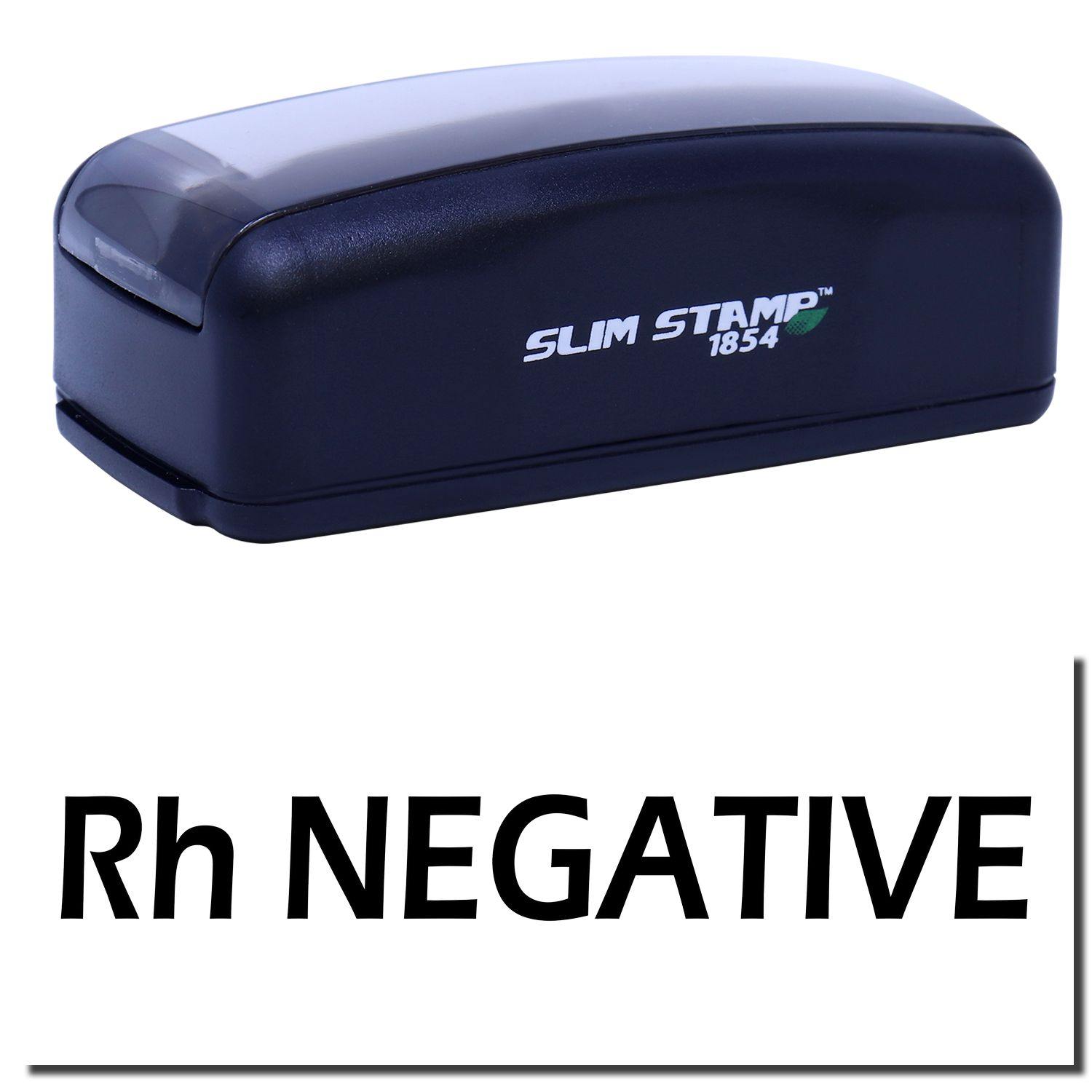 Large Pre-Inked Rh Negative Stamp with black casing and SLIM STAMP 1854 branding, shown with Rh NEGATIVE text impression.