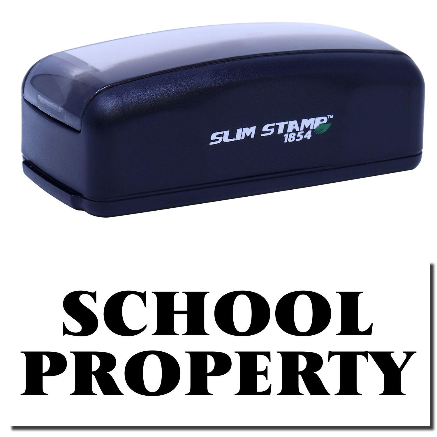 Large Pre-Inked School Property Stamp in black with SCHOOL PROPERTY text below. Compact design, ideal for marking school items.