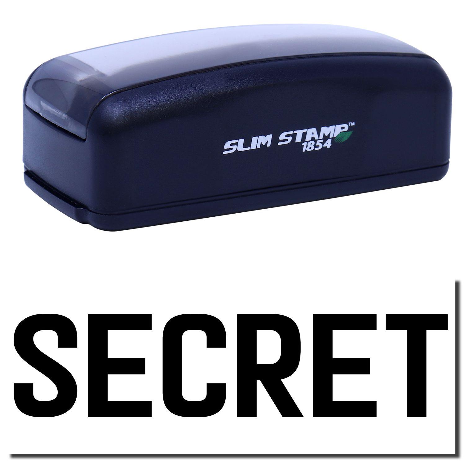 Large Pre-Inked Secret Stamp in black with SLIM STAMP 1854 branding, shown above a bold SECRET imprint.