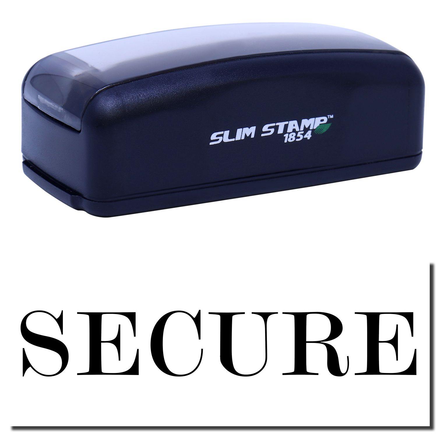 Large Pre-Inked Secure Stamp in black with SLIM STAMP 1854 branding, shown above the word SECURE stamped in bold black letters.