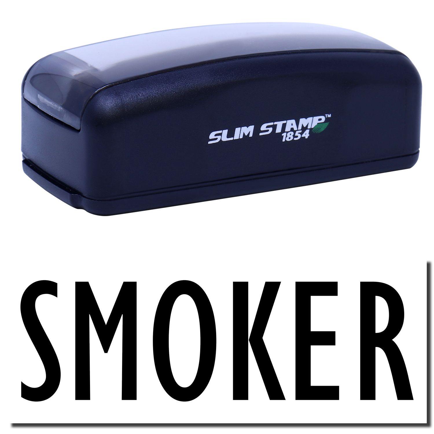 Large Pre-Inked Smoker Stamp with black casing and SMOKER text imprint, shown on a white background.