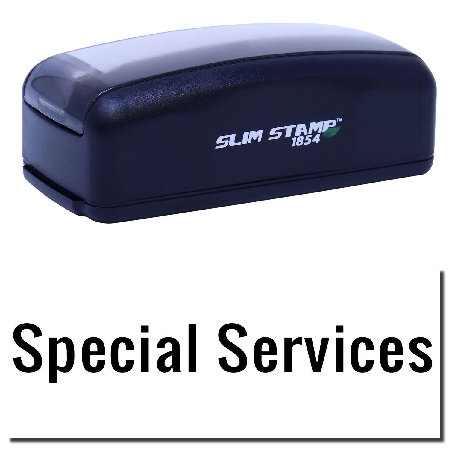 Large Pre-Inked Special Services Stamp in black with Special Services text below. Compact design, labeled Slim Stamp 1854.