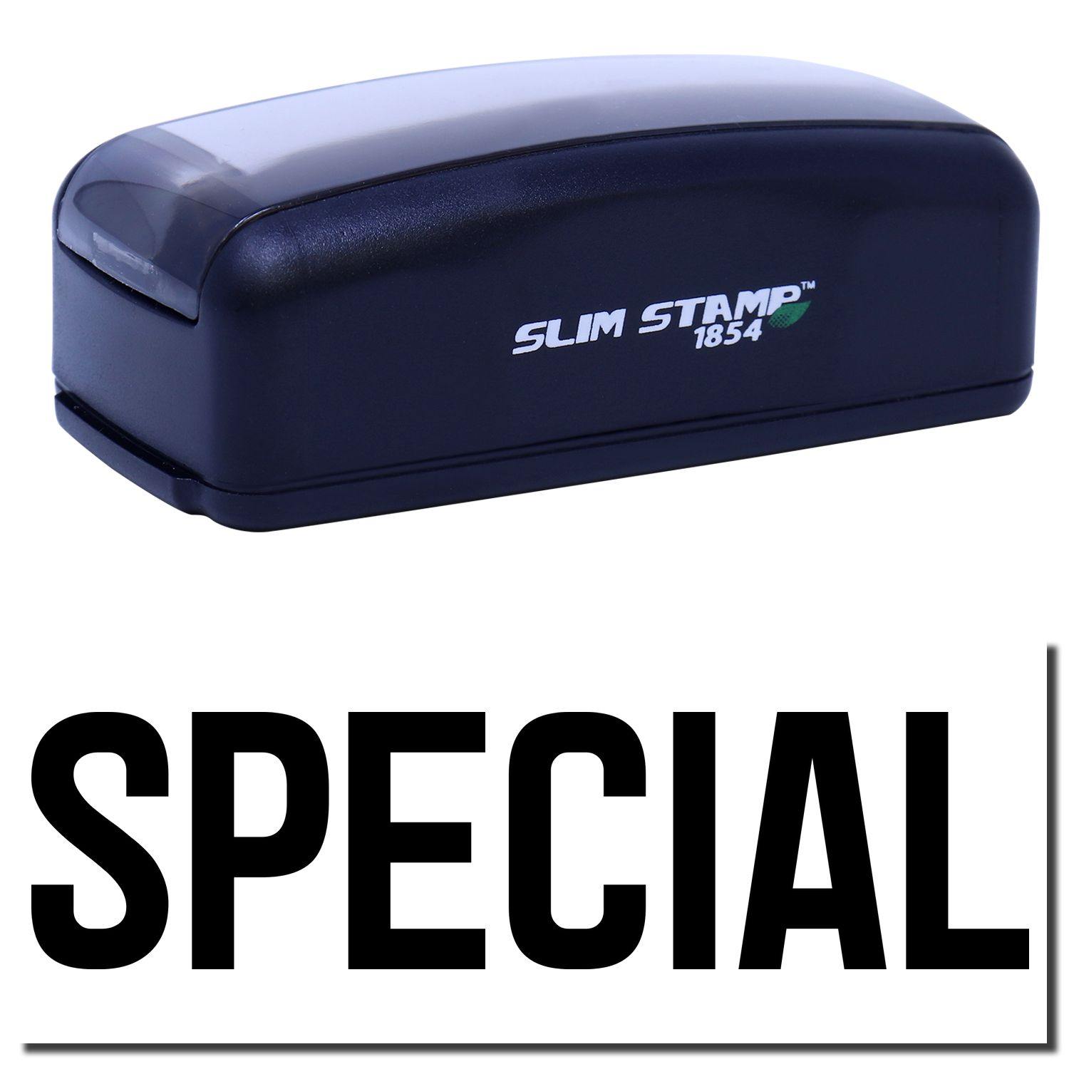 Large Pre-Inked Special Stamp in black with SLIM STAMP 1854 branding, shown above the word SPECIAL in bold black letters.