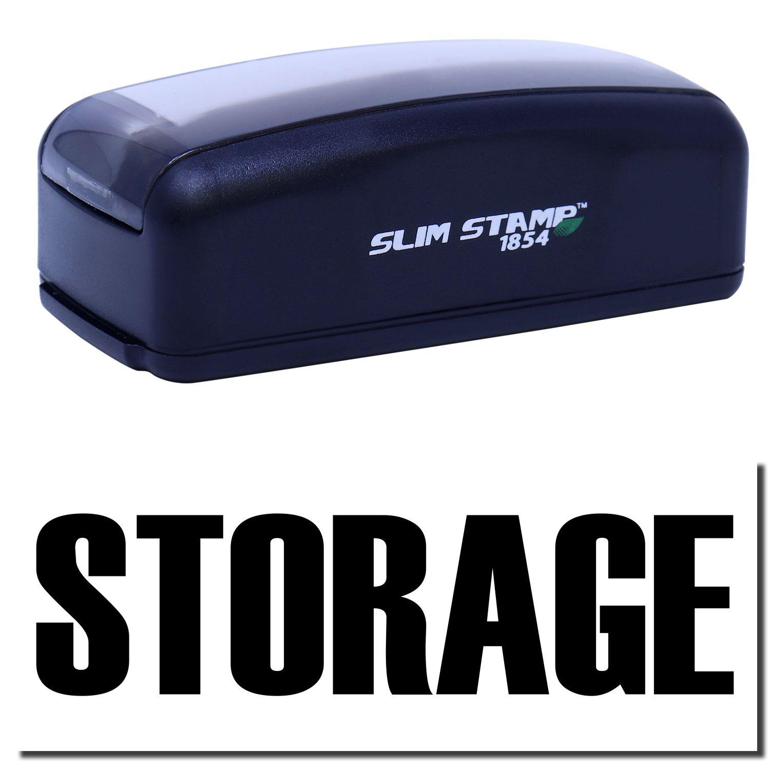 Large Pre-Inked Storage Stamp in black with SLIM STAMP 1854 branding, shown above the word STORAGE in bold black letters.